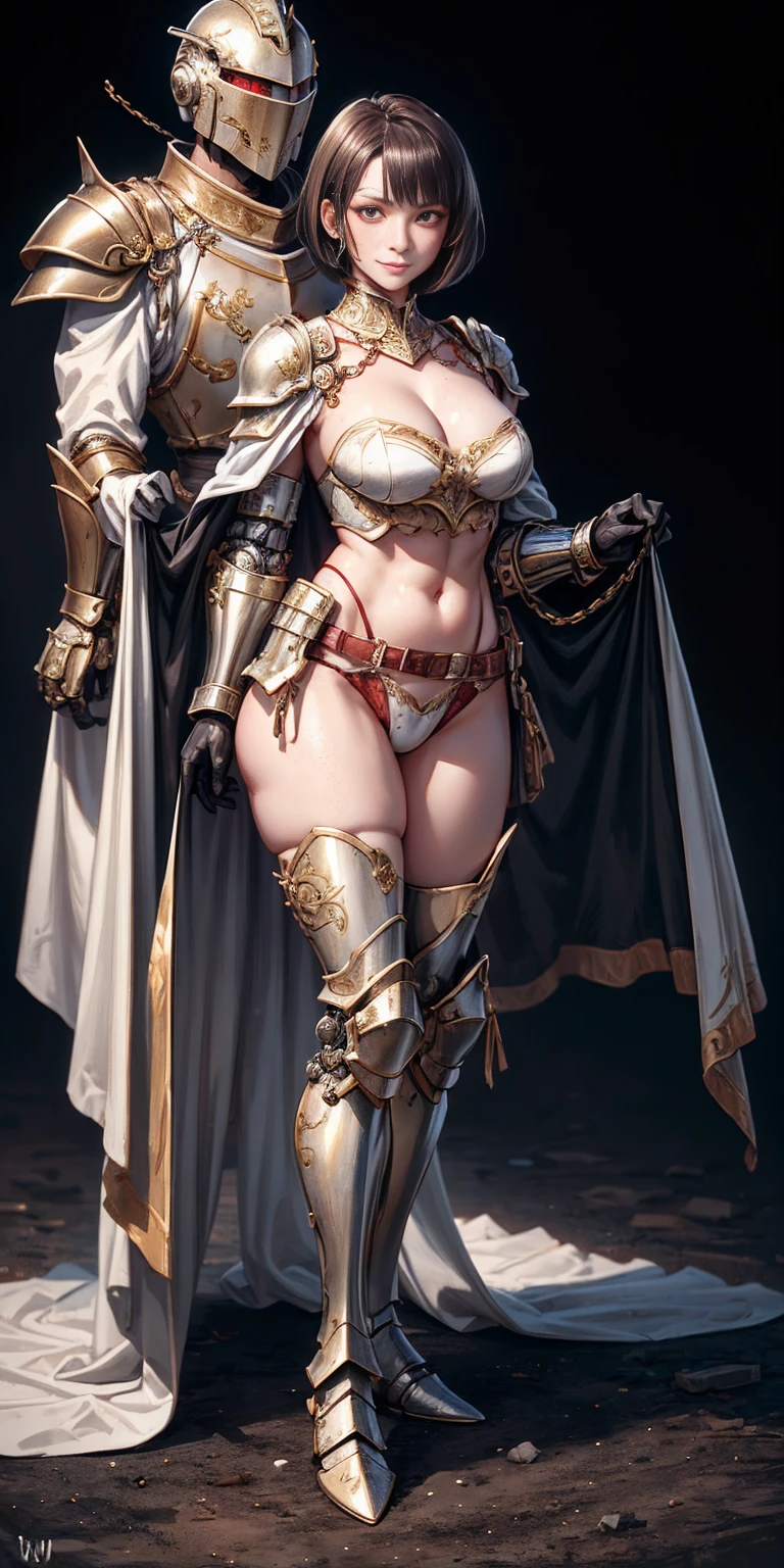 Masterpiece, (flat black background:1.2) solo, detailed face, intricate iris, thick lips, robot girl, (gold and white skin), realistic illustration of a (cyborg girl), (RED eyes), IvoryGoldAI, (freckles),(holding BREATHTAKING:1.2), (gold and white armor:1.2), (looking at viewer:1.2), parted lips, standing straight symmetrical, looking at viewer, lustful smirking smile face red blushed red cheeks, thick thighs, thigh highs, thigh, boots, armor, armored boots, full body armor, bikini armor, big breastplate, pauldron, bracers, leather black choker, tiger claws gloves, short bob white haircut, helmeted, metal shoulders, red long loincloth, longest blue cape reach to the waist, shackles and chains wristbands