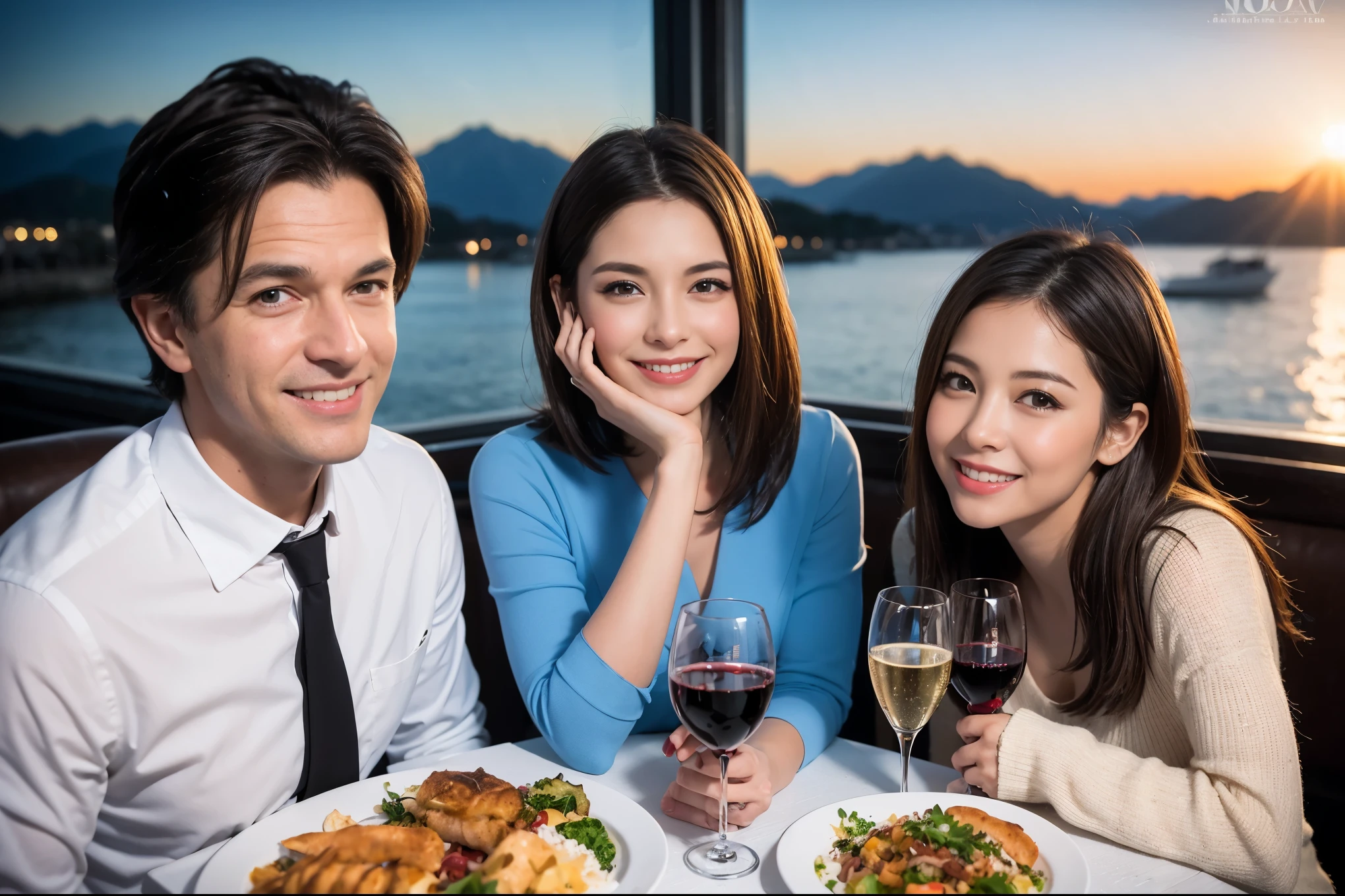 ((highest quality、8k、masterpiece:1.3))、1 male 1 female、Lovers、beautiful couple、Happy Smile、 (Slim face), (The body is スリム), (Brown Hair), (Shortcuts), ((Bob Hale、Straight hair:1.2)), テーブルの上のwine glass、Please put light on my face、 Amazing view of the sunset sky and clouds、Amazing mountain views、The wonderfulness of smiles、Bright image、Blushing, Shortcuts,Bright Face、 (42 years old), 39 years old, red wine 、Appetizers、Italian food、Wine bottle、Champagne、sparkling wine、Long sleeve shirt、dress、Attractive beauty、restaurant, Nova Frog Style, actress, model, Upper Body, White wine, red wine, wine glass,