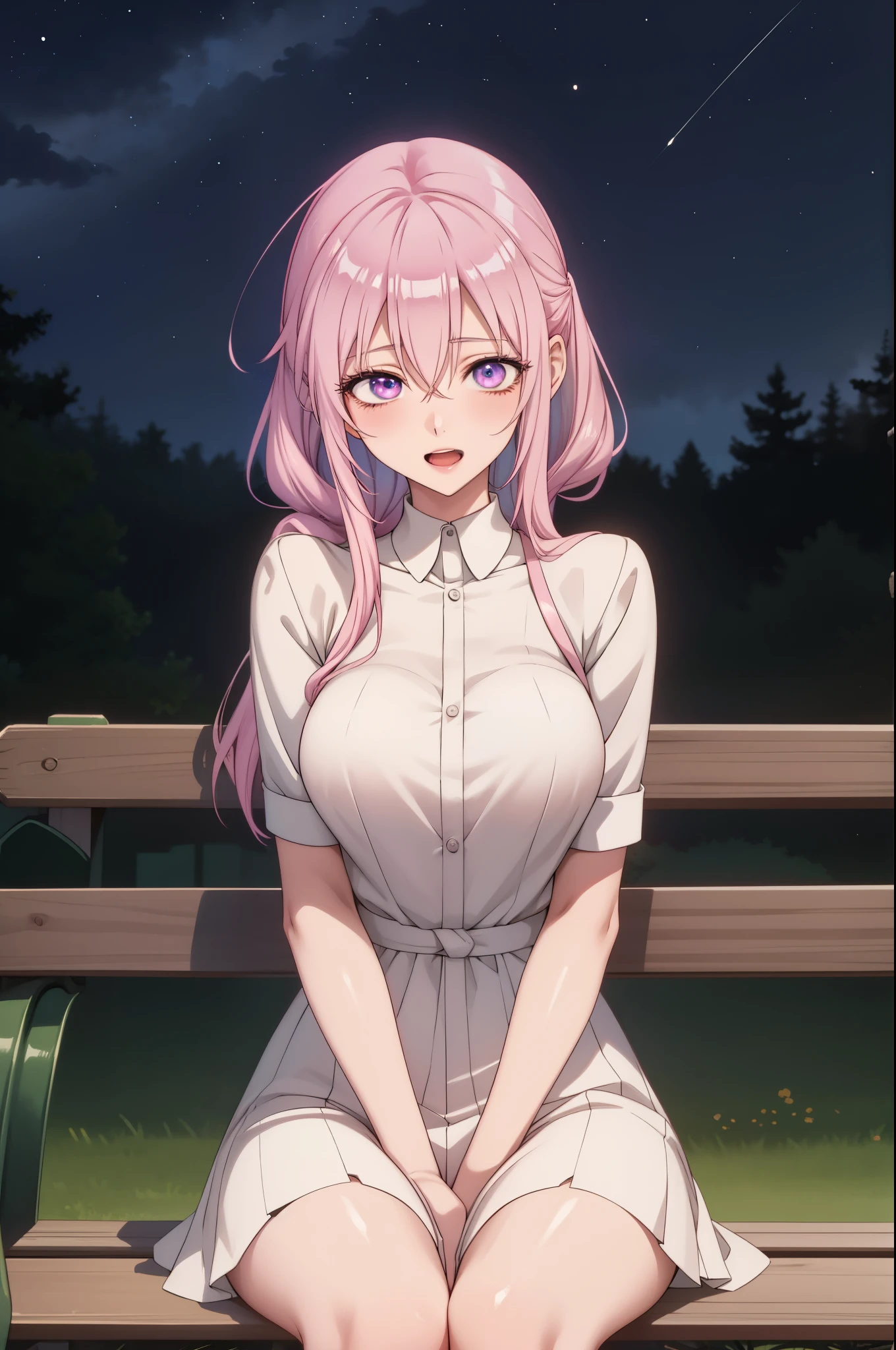 "A romantic scene with Shikimori from Shikimori's Not Just A Cutie in a park at night, sitting on a bench under the stars. Shikimori, with light pink hair and a cheerful expression, Shikimori should have intense eyes and look confident. The scene is filled with warmth and love, with a clear starry sky above her. Anime style."
