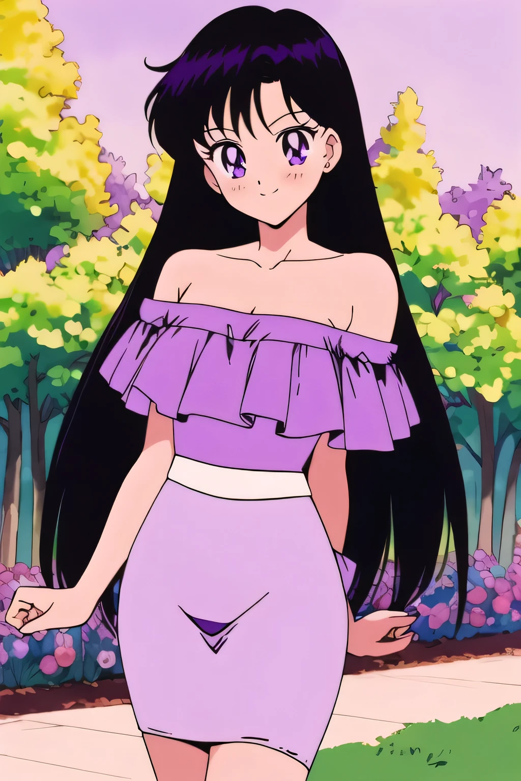 (retro anime girl:1.2), (masterpiece:1.2), (best quality), (ultra detailed), (8k,4k), (half body:1.2), (cowboy:1.2), (close up:1.2), (highly detailed:1.2), (White Ruffle Off-the-shoulder top:1.4), (purple skin tight pencil skirt:1.4), Rei Hino, 1 girl, solo, Best quality, masterpiece, High Definition, Teenager, Purple Eyes, Beautiful Detail Eyes, Black Hair, Long Hair, Good hands at sides, Seductive Smile, Blushing, Bare Neck, Bare Arms, Bare Shoulders, short sleeve, Strapless, White Ruffle Off-the-Shoulder Top, Purple skin tight pencil skirt, standing in her garden, looking at viewers, garden, sunset skies, rose bushes, outdoor gazebo
