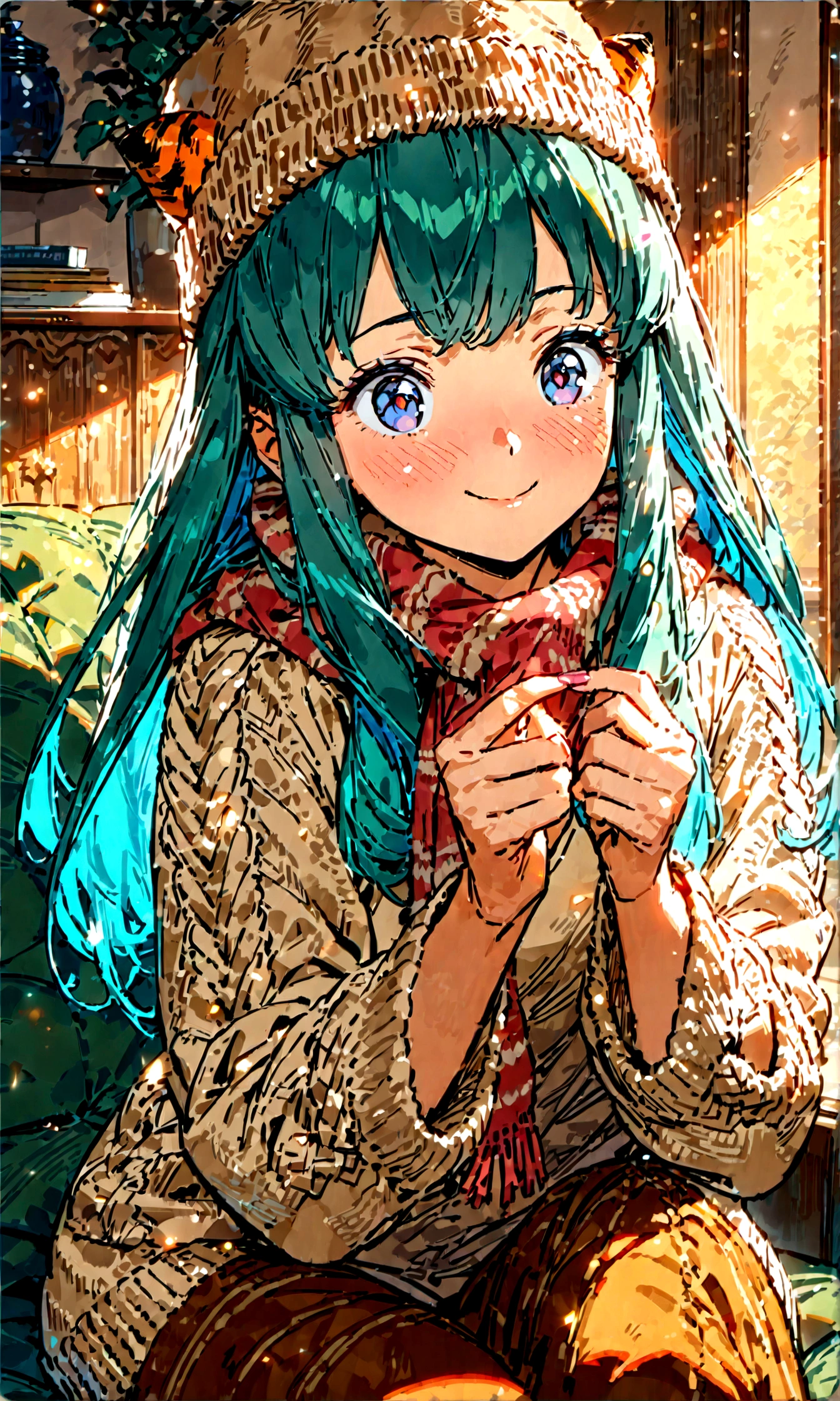 lum, solo, long hair, breasts, dark blue eyes, eyeshadow, dark green hair, bangs, tiny tiger-stripped horns, aqua hair, tsundere, a woman knitting a scarf in the living room, wearing a sweater and a ushanka hat, with a joyful and endearing expression on her face, (best quality,4k,8k, highres, masterpiece:1.2), ultra-detailed), warm lighting, cozy atmosphere, soft colors, intricate knitting details, comfortable home interior, detailed facial features, beautiful eyes and smile, joy face, tender emotion,
