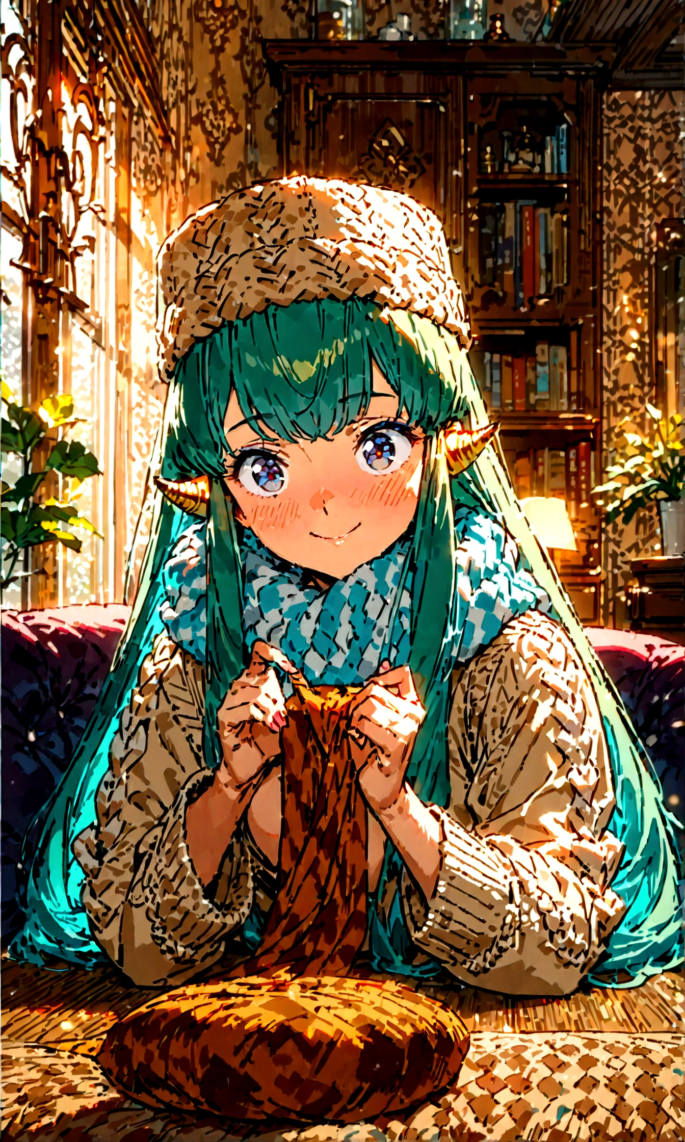 lum, solo, long hair, breasts, dark blue eyes, eyeshadow, dark green hair, bangs, tiny tiger-stripped horns, aqua hair, tsundere, a woman knitting a scarf in the living room, wearing a sweater and a ushanka hat, with a joyful and endearing expression on her face, (best quality,4k,8k, highres, masterpiece:1.2), ultra-detailed), warm lighting, cozy atmosphere, soft colors, intricate knitting details, comfortable home interior, detailed facial features, beautiful eyes and smile, joy face, tender emotion,
