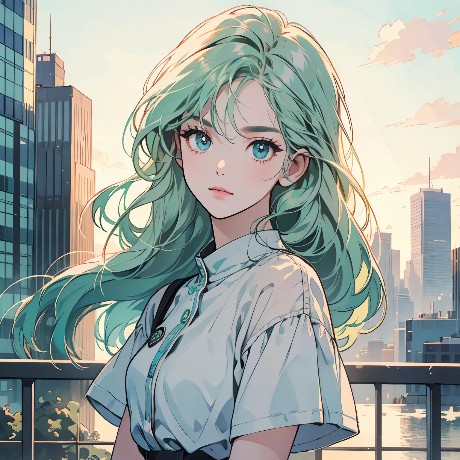 Upper Body、woman1people、highest quality、8K、The wind is blowing、Short sleeve sweater、Sunset、City of the Future、skyscraper、electric wire、pedestrian crossing、logo、line、station、(((Beautiful, shining eyes)))、(((Strong gaze)))、Pale green hair、Hair Length Medium、Detailed Hair、Complex background、Detailed、Faint lighting、Backlight、dim、Clouds in the sky、front