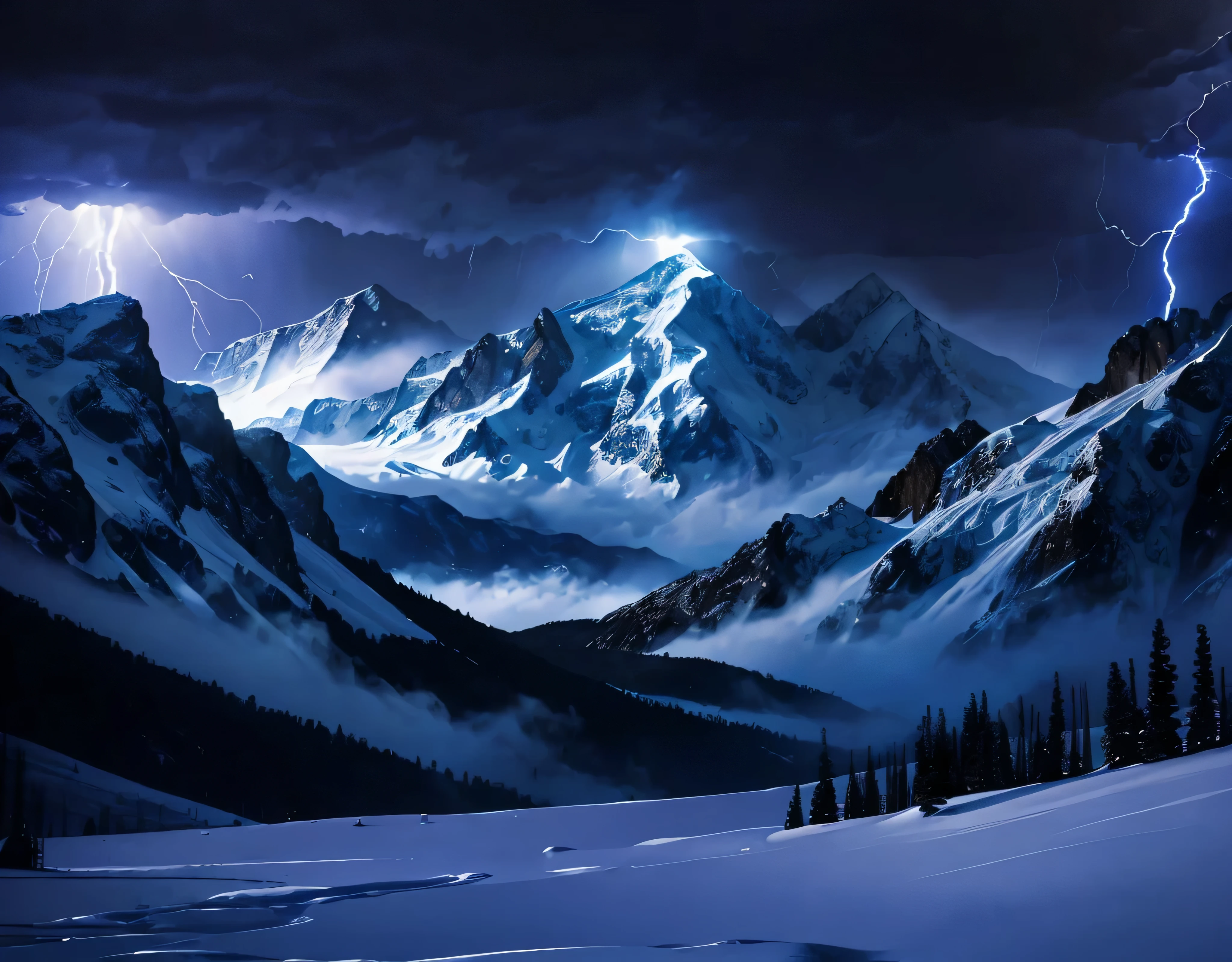 Several violent lightning strikes in the dark clouds、Rugged Mountain々、The mountain was covered with snow々、(Ultra-realistic:1.2), High resolution, (Bright colors, High resolution:1.1), (Sharp focus:1.1), (Physically Based Rendering:1.1), Tyndall effect, Colorful lights, (((Severe lightning strike)), Beautiful perspective, Contrasting Shadows, moving composition, Realistic landscape, unique configuration, Soft texture, Intricate details, Mysterious atmosphere, An artistic exploration of light and shadow,A world view that will captivate all who see it、The world of nature、Altitude 3000m