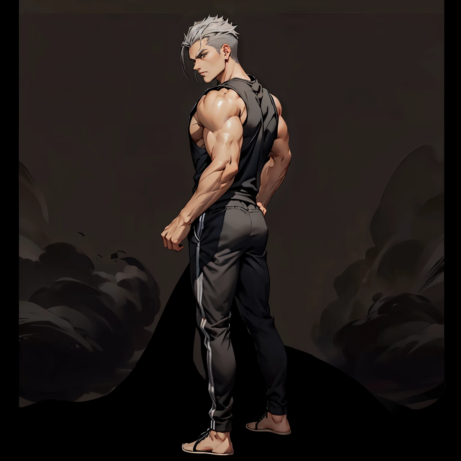 1boys, Full body, Serious face, brown eyes, ((gray hair)), medium length hair, wearing black sleeveless shirt, tuck in shirts, black tracksuit pants, black shoe, levitate on sky, blue sky, cloud, side back view