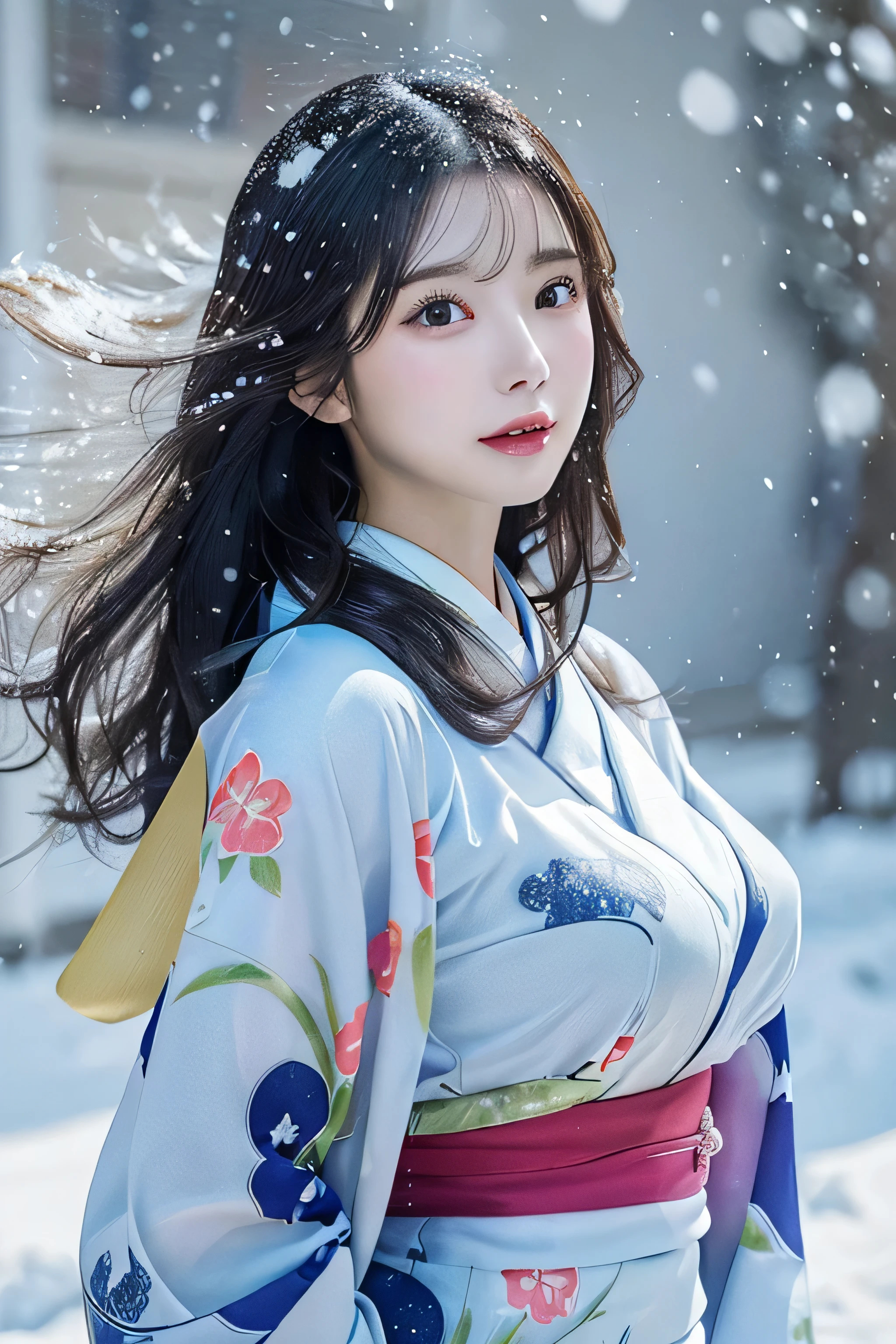 (Kawaii Kimono:1.3)、、(top-quality,​masterpiece:1.3,超A high resolution,),(ultra-detailliert,Caustics),(Photorealsitic:1.4,RAW shooting,)Ultra-realistic capture,A highly detailed,high-definition16Kfor human skin、 Skin texture is natural、、The skin looks healthy with an even tone、 Use natural light and color,One Woman,japanes,,kawaii,A dark-haired,Middle hair,(depth of fields、chromatic abberation、、Wide range of lighting、Natural Shading、)、、(Falling snow:1.3)、(Hair swaying in the wind:1.3)、(Snow reflects light:1.3)  、(Large Breasts:1.3)、