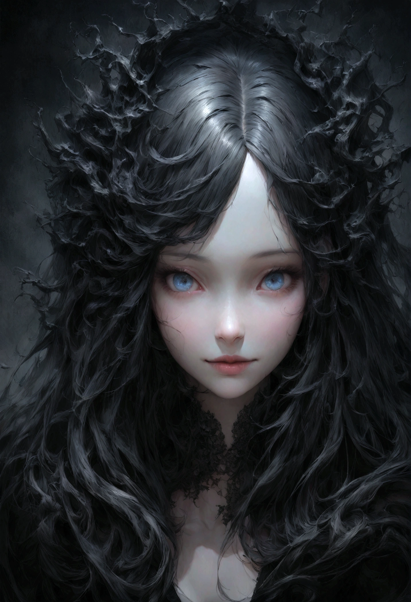 
          漂亮女孩  Close-up of face 棕色long hair女子的特寫( Perfect anatomical structure ) Close-up of face. Delicate face. Realistic eyes. The face and eyes are very detailed. Delicate skin.、Delicate skin texture smile, long hair, Black vest with straight hair , 46-point slanted bangs, dark shadow background, black soft light, Professional photography master&#39;artwork, texture, complicated, Clear, High-quality masterpiece，Extremely complicated and exquisitely detailed, Extremely detailed, Extremely detailed digital art