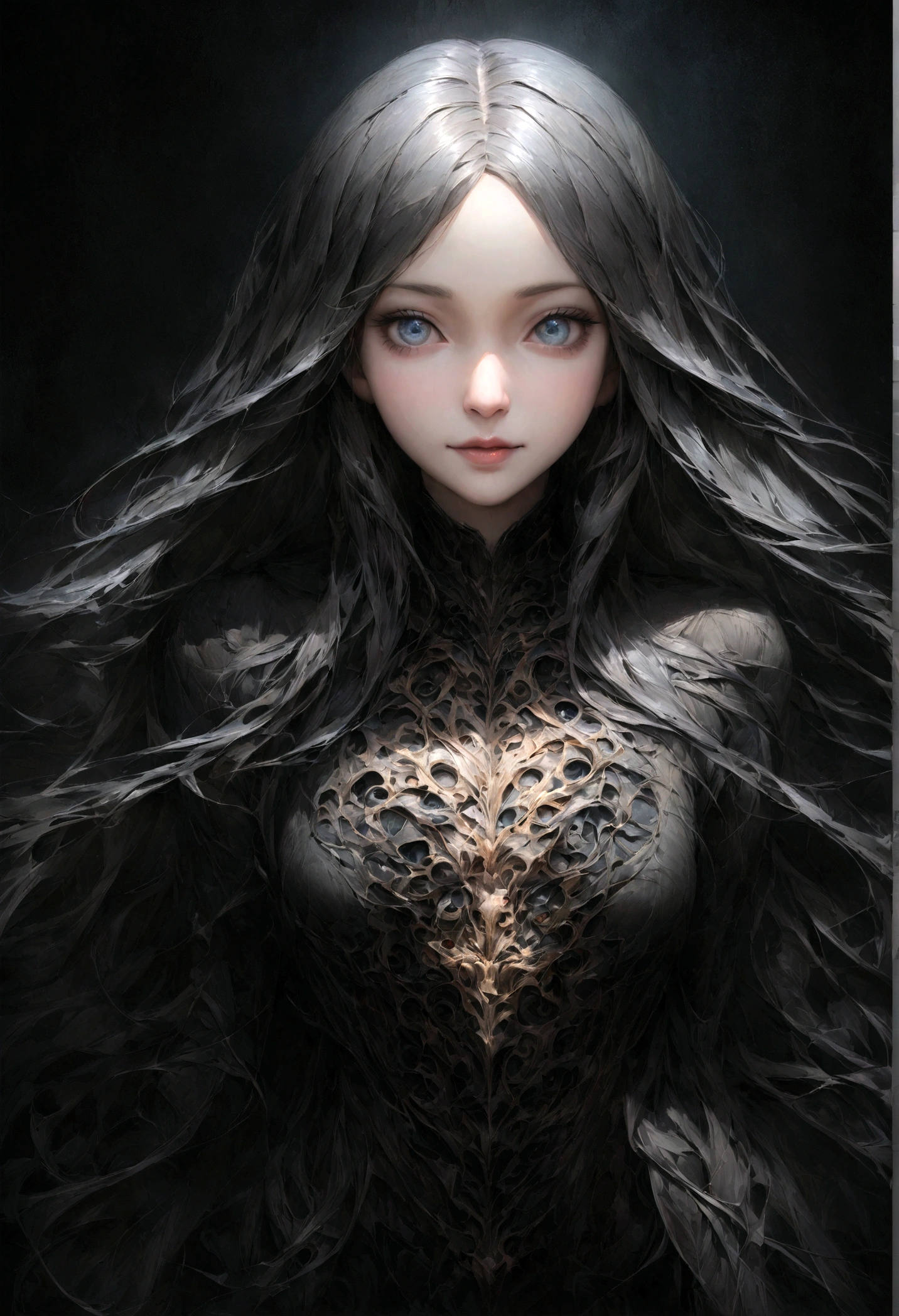 漂亮女孩 Close-up of face 棕色long hair女子的特寫( Perfect anatomical structure ) Close-up of face. Delicate face. Realistic eyes. The face and eyes are very detailed. Delicate skin.、Delicate skin texture smile, long hair, Black vest with straight hair , 46-point slanted bangs, dark shadow background, black soft light, Professional photography master'artwork, texture, complicated, Clear, High-quality masterpiece,Extremely complicated and exquisitely detailed, Extremely detailed, Extremely detailed digital art