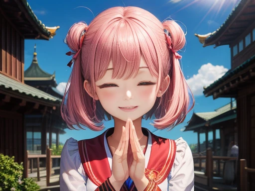 highest quality,Temple,Put your palms together,close your eyes,Smile,sunny,Straight hair,cute,girl