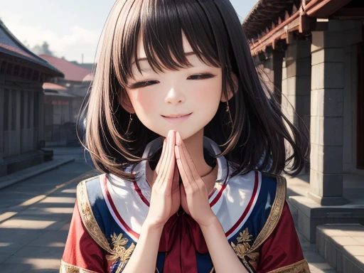 highest quality,Temple,Put your palms together,close your eyes,Smile,sunny,Straight hair,cute,girl