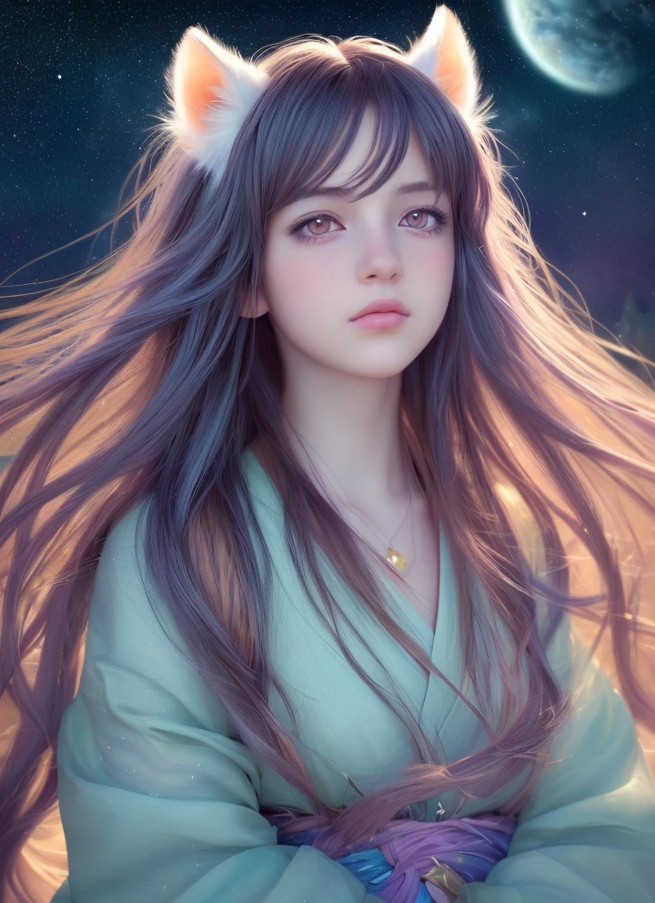 1girl, standing on earth, looking up at night sky, shimmering stars, beautiful detailed eyes, beautiful detailed lips, extremely detailed eyes and face, long eyelashes, serene expression, dreamlike, Makoto Shinkai-esque style, Cyril Rolando's artistic flair, vibrant colors, dynamic composition, tranquil, (best quality,4k,8k,highres,masterpiece:1.2),ultra-detailed,(realistic,photorealistic,photo-realistic:1.37),animal cosplay,white long hair,FINAL FANTASY,kawaii Japanese