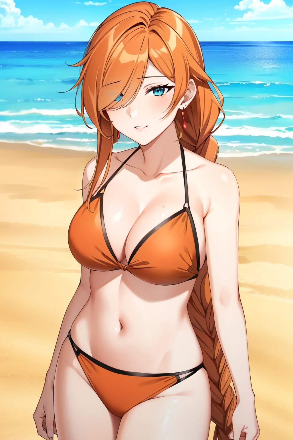 Flamme, masterpiece, top-quality, the Extremely Detailed CG Unity 8K Wallpapers, Ultra-realistic 8kCG,1girl,bangs,braided ponytail,single braid,brown hair,orange hair,very long hair,sidelocks,red earrings,hair over one eye,green eyes,blue eyes, beach, red bikini, sexy, milf,