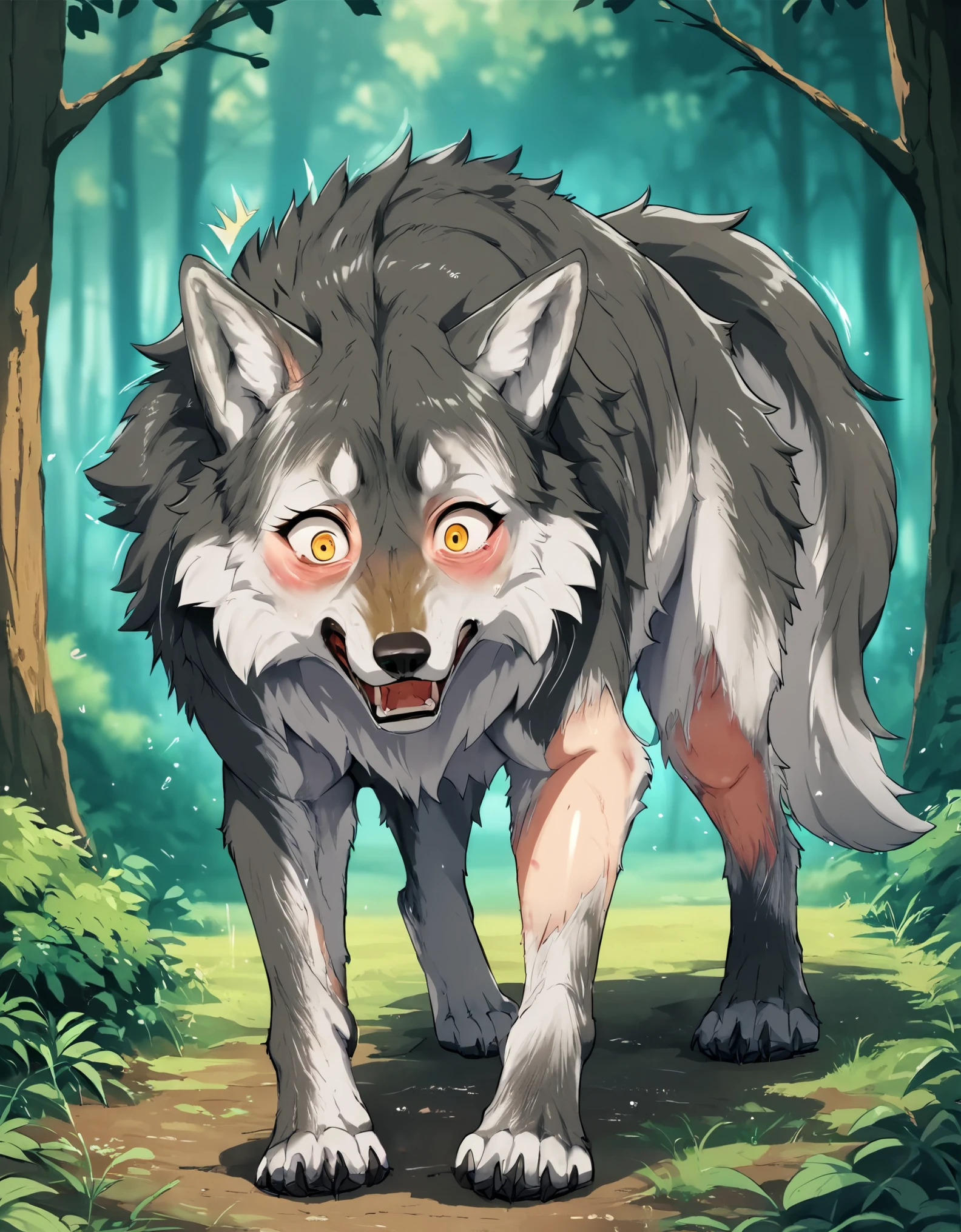 score_9, score_8_up, score_7_up, score_6_up, source_anime, furry female, solo, dagasi_style, looking shocked, looking surprised, painful expression, (an adult human female is getting transformed into a gray wolff),  an adult human female is getting transformed into a feral wolf , (transformation), at a forest, day time,  wolf tail, detailed fur, very fluffy, Yellow eyes, , wolf eyes, wolf face, on all fous, feral wolf, feral transformation, white fur, fur covering human tan skin, wolf bite mark on right arm, wolf muzzle pushing out , full body, standing on all fours