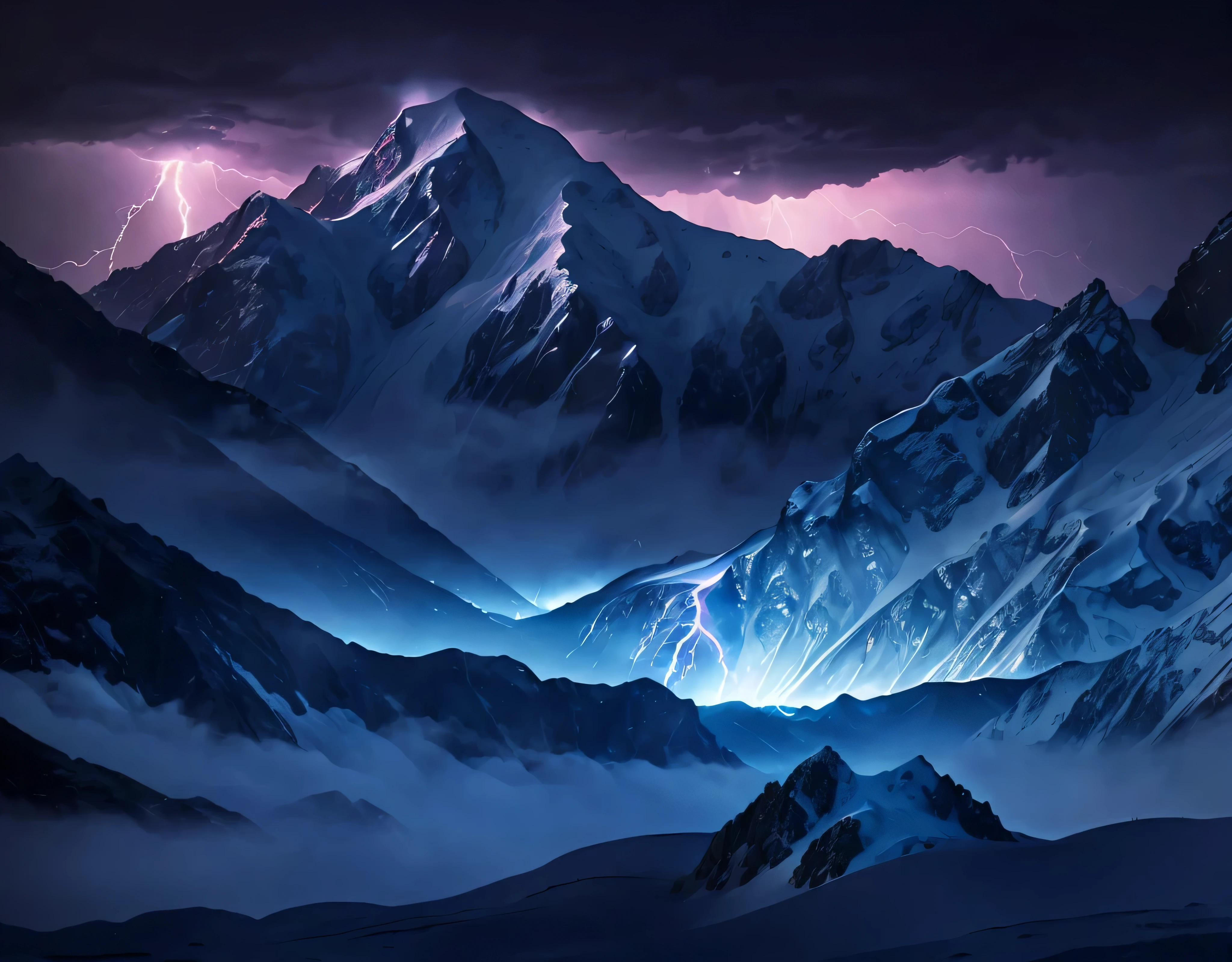 Multiple violent lightning strikes、Rugged Mountain々、The mountain was covered with snow々、(Ultra-realistic:1.2), High resolution, (Bright colors, High resolution:1.1), (Sharp focus:1.1), (Physically Based Rendering:1.1), Tyndall effect, Colorful lights, (((Severe lightning strike)), Beautiful perspective, Contrasting Shadows, moving composition, Realistic landscape, unique configuration, Soft texture, Intricate details, Mysterious atmosphere, An artistic exploration of light and shadow,A world view that will captivate all who see it、The world of nature、Altitude 3000m