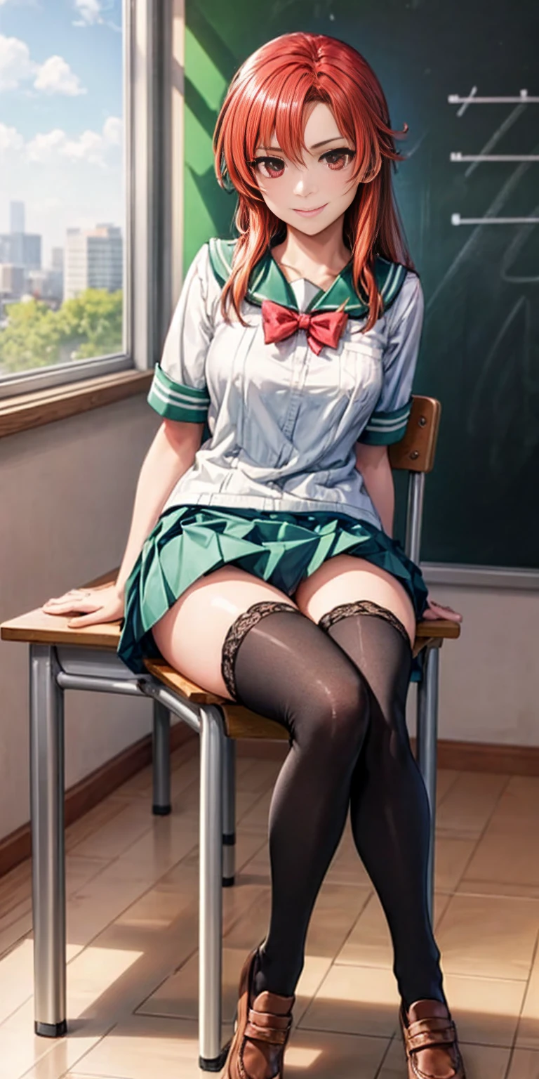 masterpiece, best quality, 1girl, Lisara Restall, school uniform, serafuku, short sleeves, green skirt, pleated skirt, black thigh highs, classroom, sitting in chair, desk, looking at viewer, smile