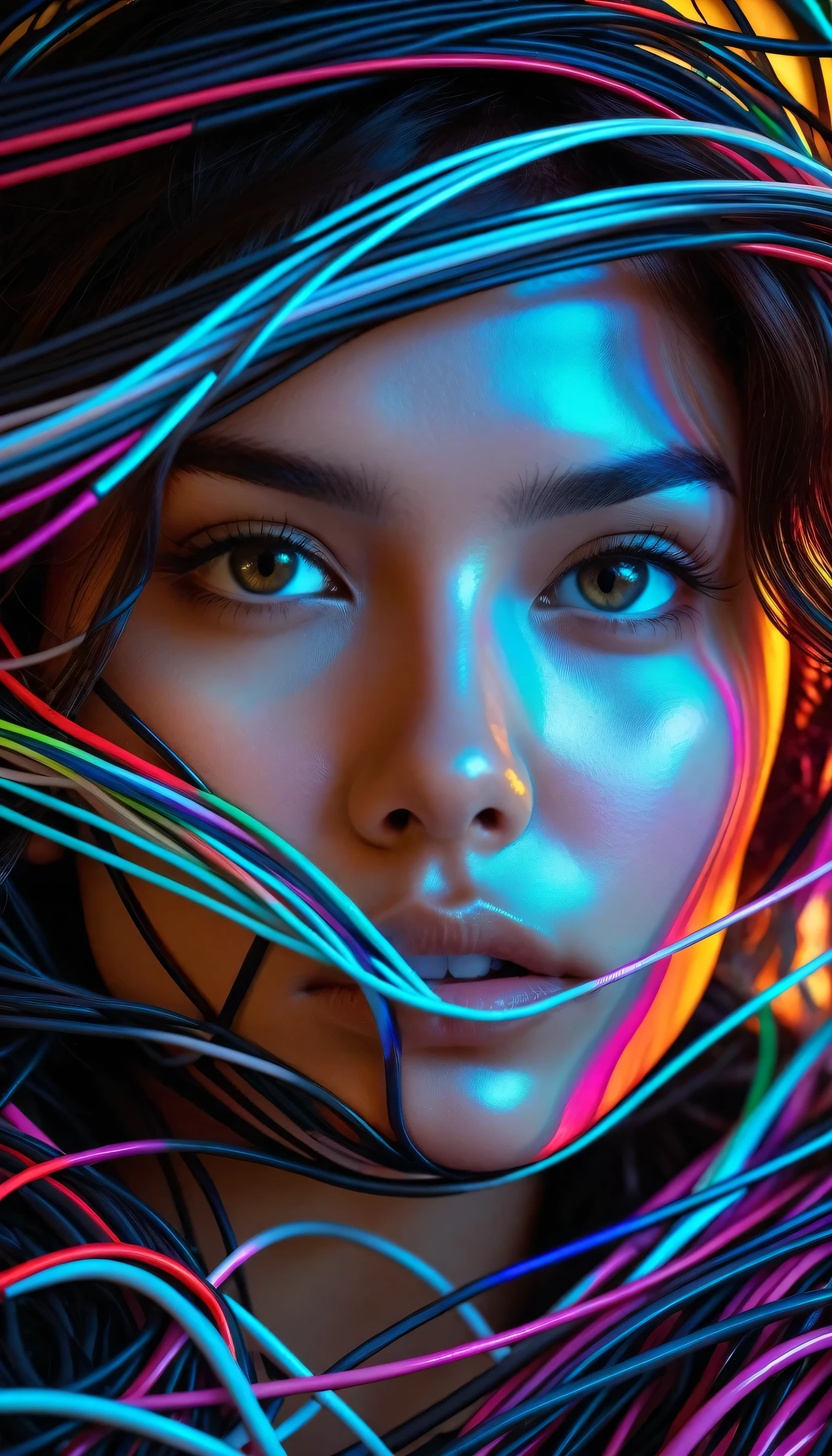 Abstract style mysterious figure emerges from the shadows in a tangled mess of iridescent wires and glowing mesh, color splash 1girl, extreme close-up, face hidden behind layers of glitched wavy distortions, Non-representational, colors and shapes, expression of feelings, imaginative, highly detailed