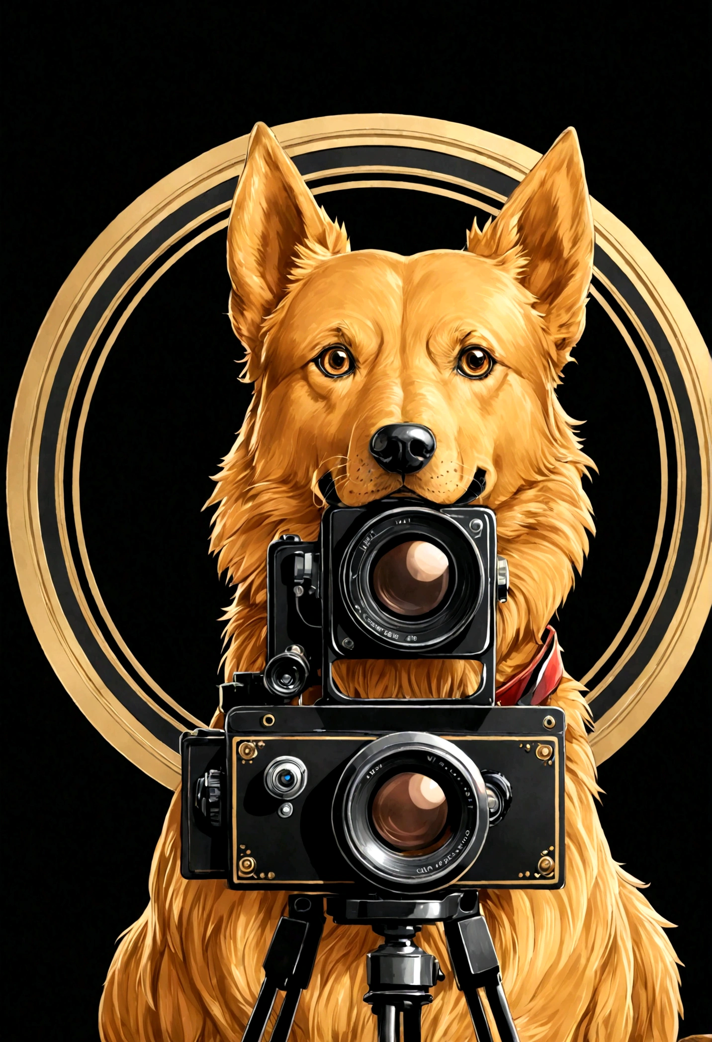 create a drawing of a caramel mongrel (only the color of the dog is caramel, don't use caramel for the rest of the image) with 3d glasses, a clapperboard and a classic Hayao Miyazaki style camera on a black background inside a circle with a gold border