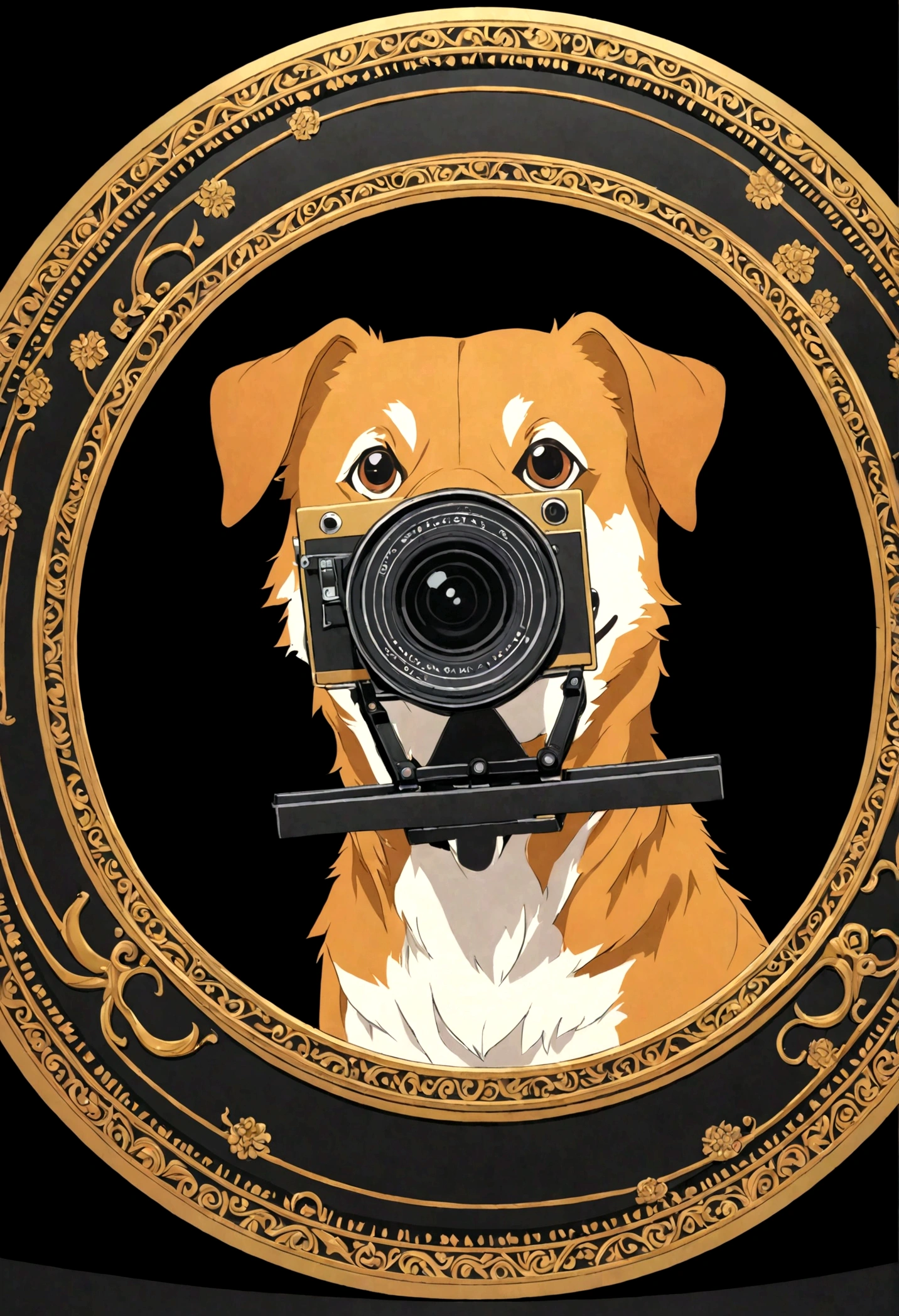 create a drawing of a caramel mongrel (only the color of the dog is caramel, don't use caramel for the rest of the image) with 3d glasses, a clapperboard and a classic Hayao Miyazaki style camera on a black background inside a circle with a gold border
