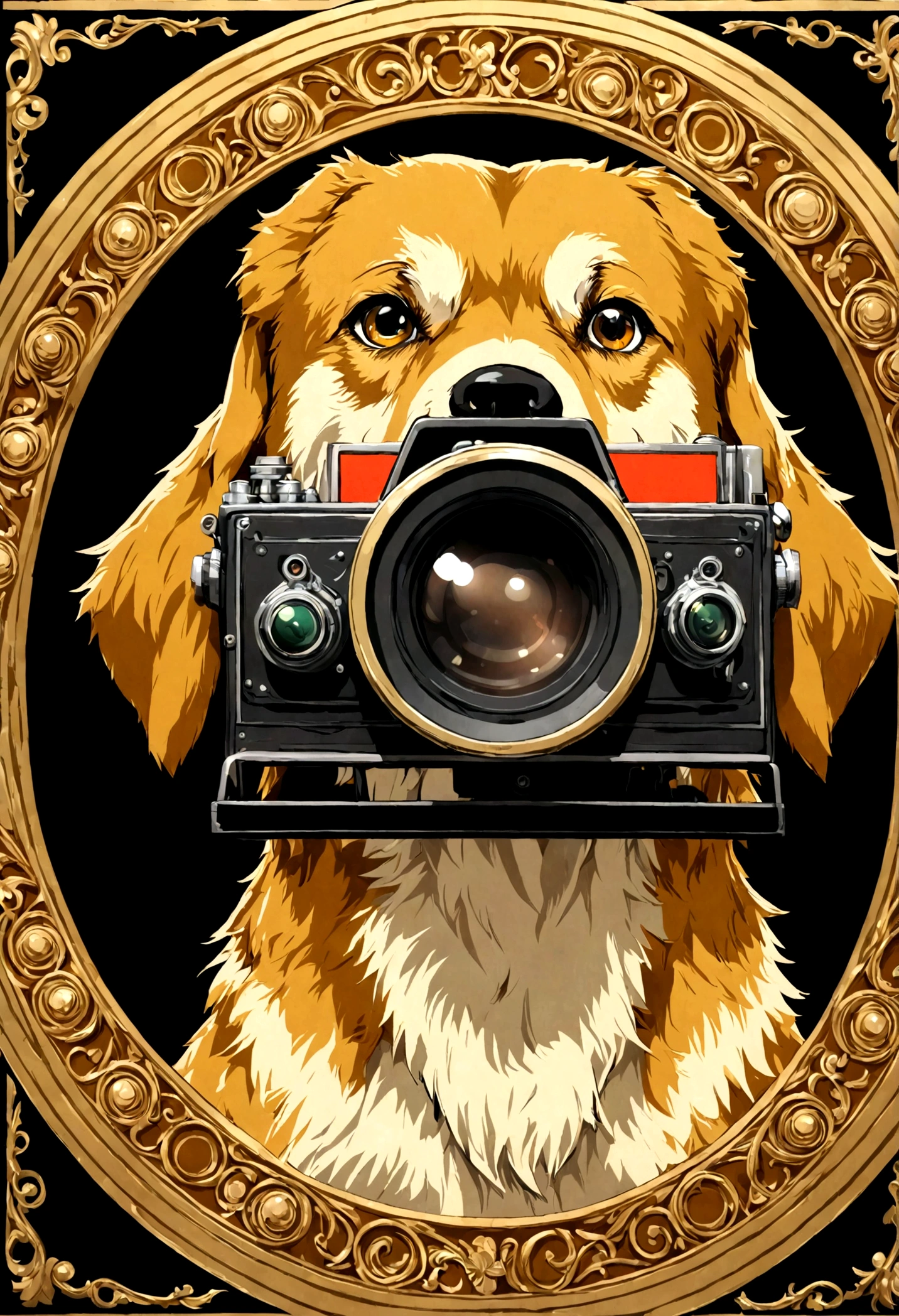 create a drawing of a caramel mongrel (only the color of the dog is caramel, don't use caramel for the rest of the image) with 3d glasses, a clapperboard and a classic Hayao Miyazaki style camera on a black background inside a circle with a gold border