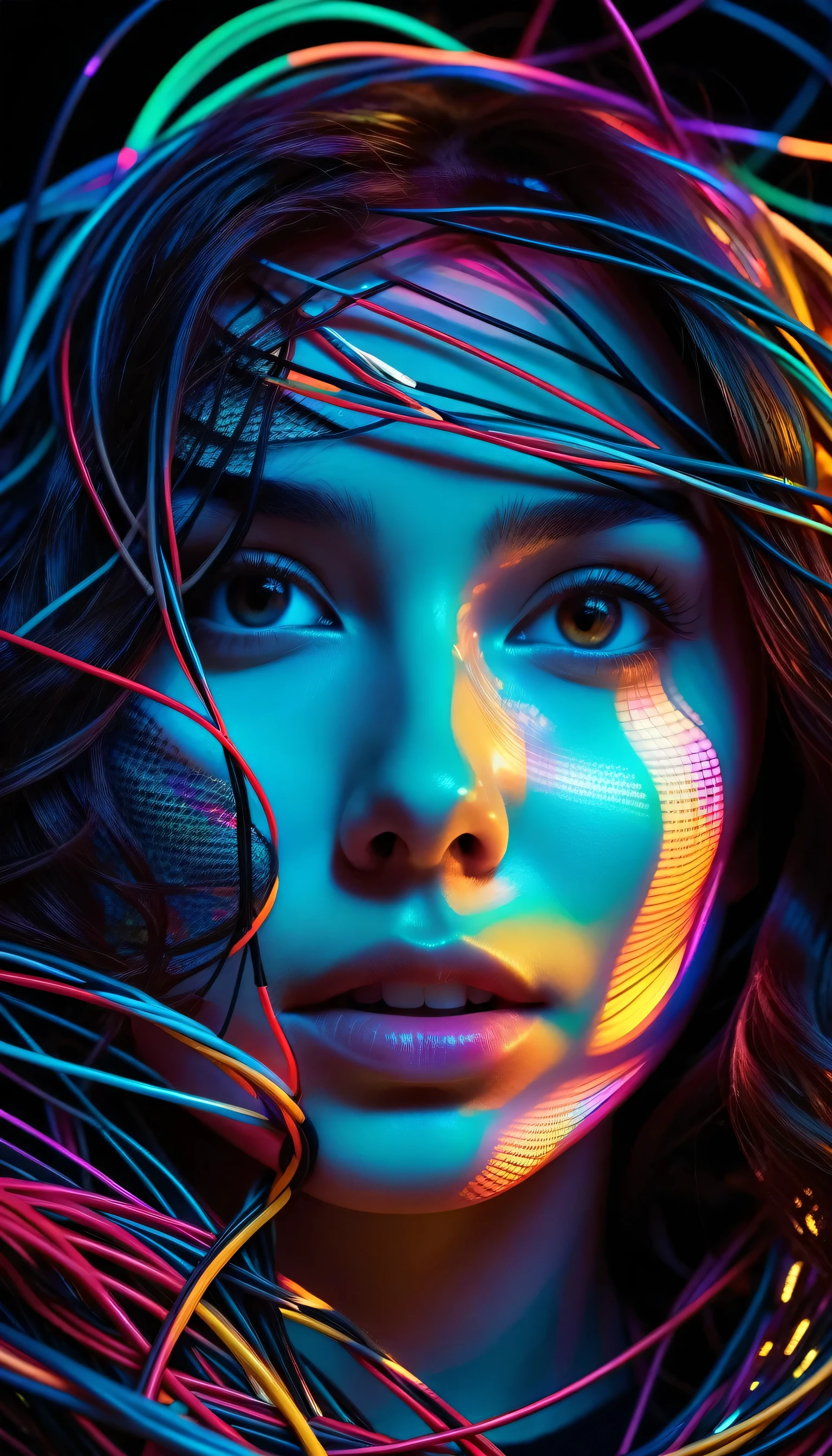 Abstract style mysterious figure emerges from the shadows in a tangled mess of iridescent wires and glowing mesh, color splash 1girl, extreme close-up, face hidden behind layers of glitched wavy distortions, Non-representational, colors and shapes, expression of feelings, imaginative, highly detailed