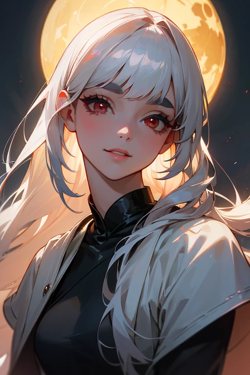 (highest quality, masterpiece:1.2), High resolution, 最高masterpiece、Very detailed, Realistic:1.37, Fantasy, An illustration,Gray Hair、 Red eyes、Queen, White Dress、beautifully、Eyeshadow Red、Thick eyebrows、Long eyelashes、pupils are black、shiny on the lips、Top Sites、Queen、Princess、A kind smile、Show your teeth a little and smile、Soft impression、people々々々々Loved by、Slimming the face、Kissing Face、Long white hair、Shaggy Bangs、Gazing at the night sky、Keep the image of your face、Long straight line