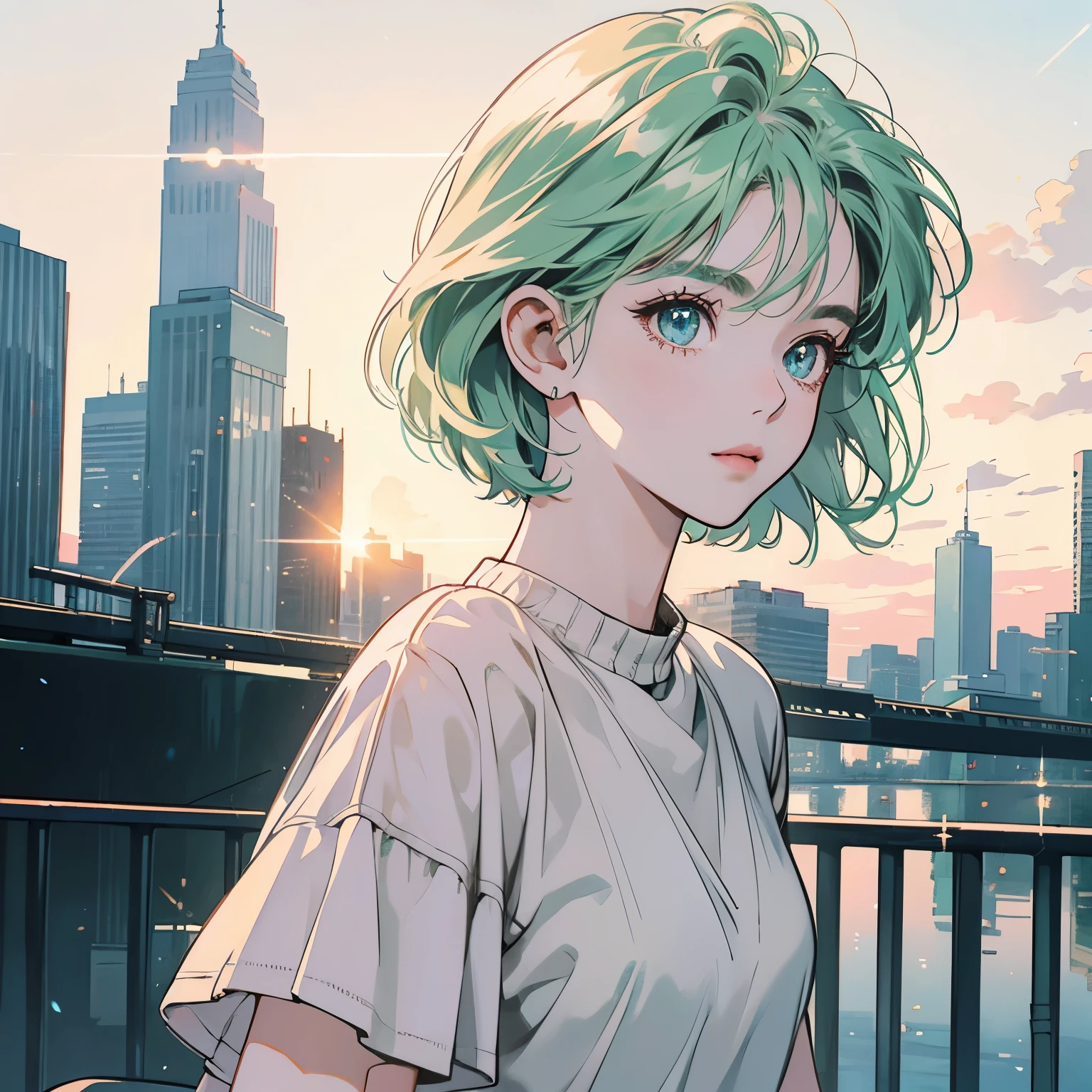 Upper Body、woman１people、highest quality、8K、The wind is blowing、Short sleeve sweater、Sunset、City of the Future、skyscraper、electric wire、pedestrian crossing、logo、line、station、(((Sparkling Eyes)))、(((Strong gaze)))、Pale green hair、Short hair length、Detailed Hair、Complex background、Detailed、Faint lighting、Backlight、dim、Clouds in the sky、front