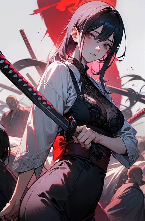 Cool women、sexy、Center of chest、Rize from Chainsaw Man、beauty、yandere、Samurai sword in hand、Japanese sword in hand、Lace clothes、I&#39;m sick、The background is a graveyard、