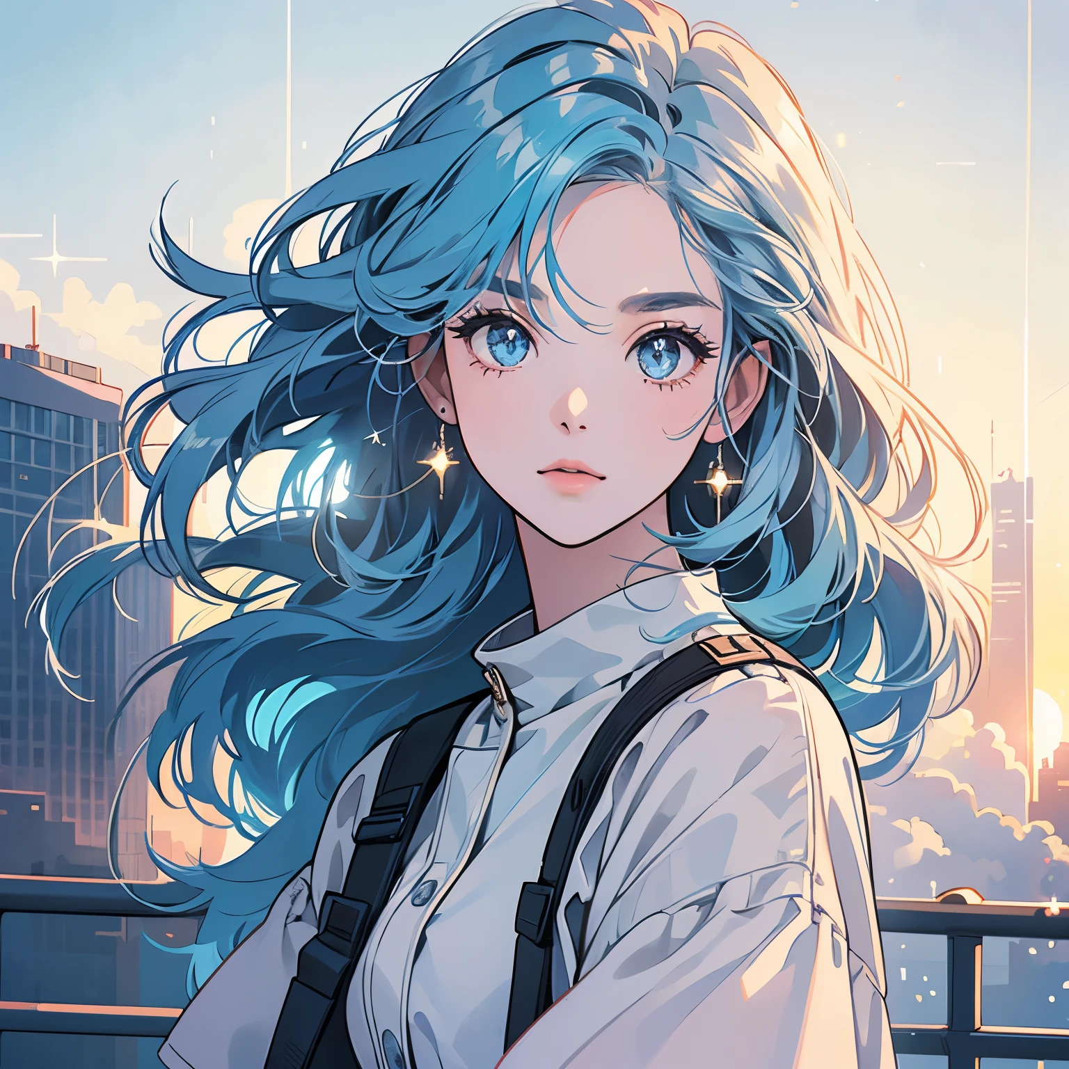 Upper Body、woman1people、highest quality、8K、The wind is blowing、Short sleeve sweater、Sunset、City of the Future、skyscraper、electric wire、pedestrian crossing、logo、line、station、(((Sparkling Eyes)))、(((Strong gaze)))、Light blue hair、Hair Length Medium、Detailed Hair、Complex background、Detailed、Faint lighting、Backlight、dim、Clouds in the sky、front