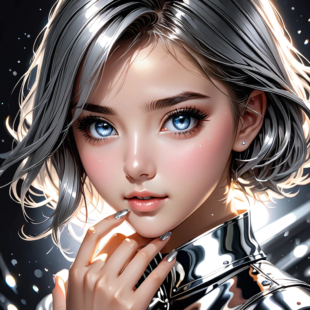 ((masterpiece, top quality, super definition, high definition)), solo, beautiful girl, shining eyes, perfect eyes, 18 years old, fingers of the hand five, silver theme,