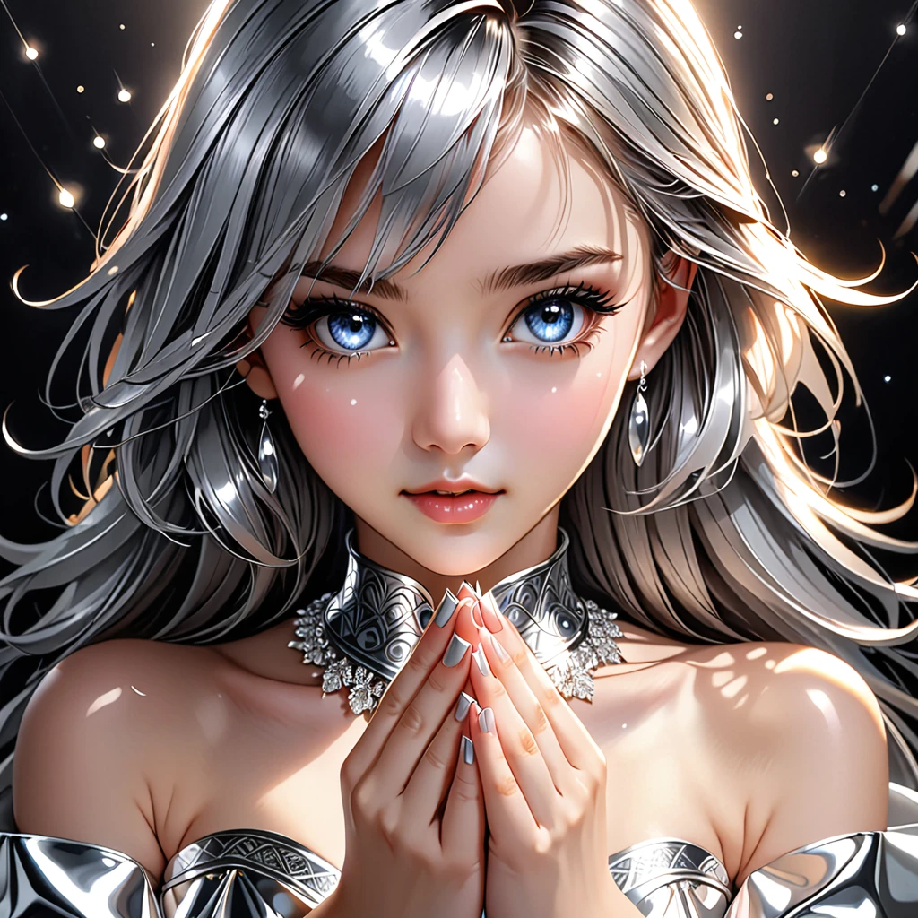 ((masterpiece, top quality, super definition, high definition)), solo, beautiful girl, shining eyes, perfect eyes, 18 years old, fingers of the hand five, silver theme,