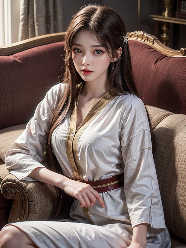 (girl,day view),(pretty,very long hair),(best quality,Super fine details),(romantic,colorful),Symmetrical charming eyes,lying on wood sofa