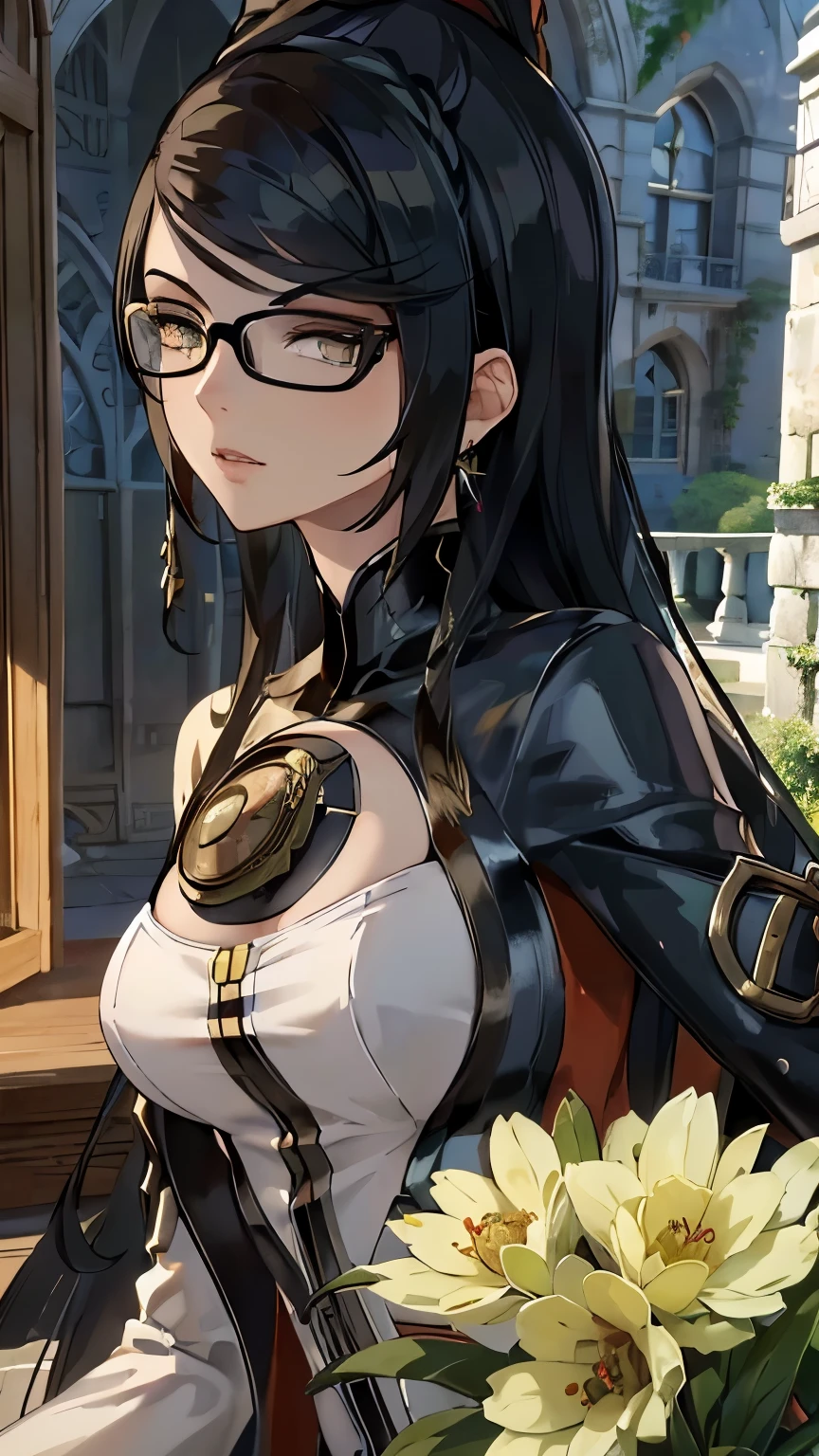 (melhor qualidade,4k,8K,high resolution,Obra de arte:1.2),bayonetta,vista lateral,profile vista lateral,lindo detalhado, glasses, olhos de cabelo curto,lindo detalhado lips,long eyelashes,average:retratos,cores vivas,soft lighting, perfect vista lateral, olhando direto 