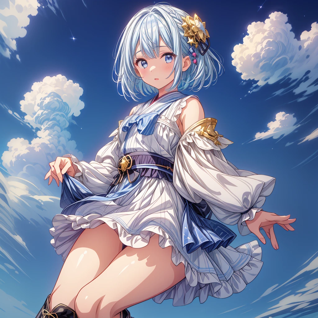 (((1girl)))、Star Fairy、vtuber-halfbody、(((highest quality、Masterpiece、The best composition、Golden Ratio、Official Art、Super detailed、Super detailedな目)))、ultra detailed, from front, headshot、 blue and white hair color、Short bangs above eyebrows、Short Hair、Standing in front of the viewer、Kimono and Gothic ta remakes of galaxy-patterned clothing、Knee-high boots、Pure white simple background、