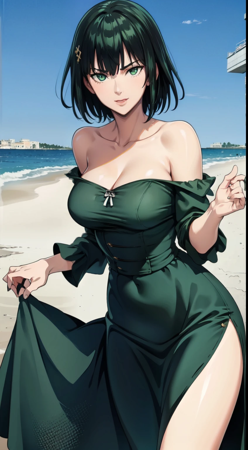 Fubuki, masterpiece, top-quality, the Extremely Detailed CG Unity 8K Wallpapers, Ultra-realistic 8kCG, facing the camera, evil smile, green skirt, Sexy tall, looking straight at the camera, short hair, Perfect body, seaside, green hair, off-the-shoulder clothes, medium breasts, cleavage, revealing dress, (1girl), sole girl, covered in,