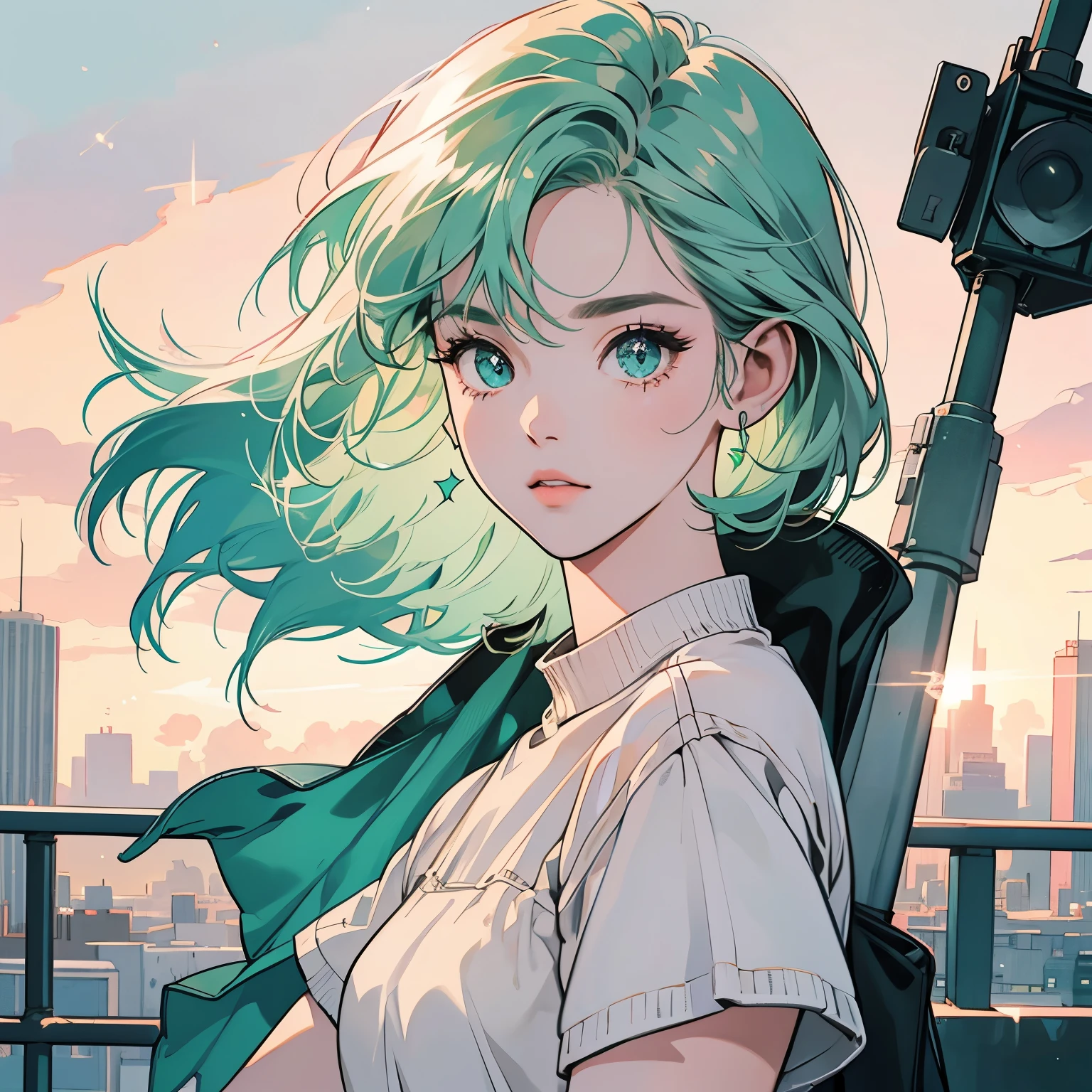 Upper Body、woman1people、highest quality、8K、The wind is blowing、Short sleeve sweater、Sunset、City of the Future、skyscraper、electric wire、pedestrian crossing、logo、line、station、(((Sparkling Eyes)))、(((Strong gaze)))、Pale green hair、Short hair length、Detailed Hair、Complex background、Detailed、Faint lighting、Backlight、dim、Clouds in the sky、front