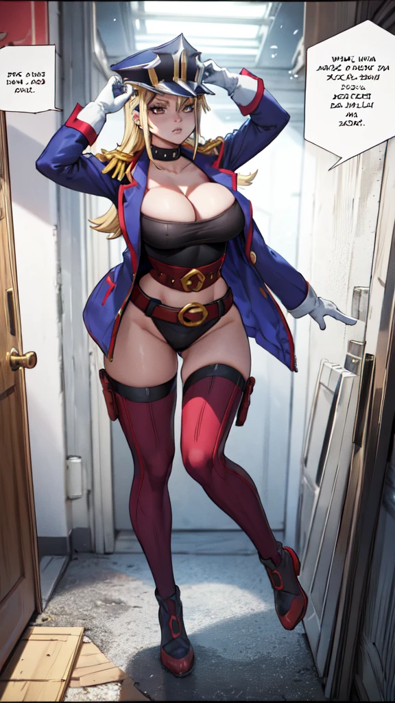 MiraKamiunten, streaked hair, earrings, military hat, white gloves, sarashi, huge breast, cleavage, purple jacket, red belt, spiked collar, epaulettes, intricate leotard, (masterpiece, highest quality, best quality, official art, beautiful and aesthetic: 1.2), (1girl), extremely detailed, (fractal art: 1.3), colorful, highest detailed, perfect face, HDR, bright colors, huge breasts, detailed face, detailed eyes, perfect face, perfect eyes, (full body),