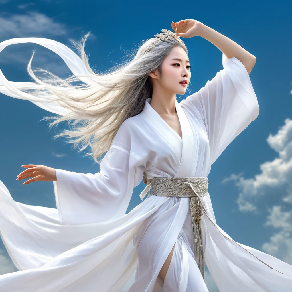 A beautiful female emperor, crystal clear skin, beautiful appearance, deep wisdom in her eyes, as if she has seen through everything in the world, dressed in a gorgeous white robe, holding a long sword, dancing robes in the breeze and silver hair fluttering in the wind, the white robe perfectly outlines the graceful figure, the demeanor is gentle and idyllic, like a flawless fairy
