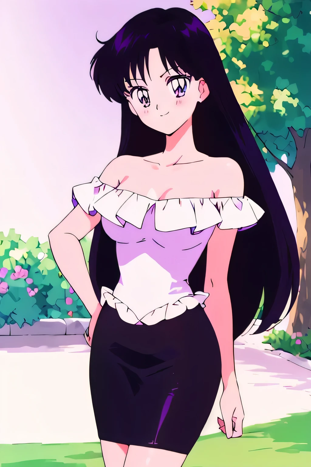 (retro anime girl:1.2), (masterpiece:1.2), (best quality), (ultra detailed), (8k,4k), (half body:1.2), (cowboy:1.2), (close up:1.2), (highly detailed:1.2), (White Ruffle Off-the-shoulder top:1.4), (purple skin tight pencil skirt:1.4), Rei Hino, 1 girl, solo, Best quality, masterpiece, High Definition, Teenager, Purple Eyes, Beautiful Detail Eyes, Black Hair, Long Hair, Good hands at sides, Seductive Smile, Blushing, Bare Neck, Bare Arms, Bare Shoulders, short sleeve, Strapless, White Ruffle Off-the-Shoulder Top, Purple skin tight pencil skirt, standing in her garden near a tree, looking at viewers, garden, sunset skies, rose bushes,