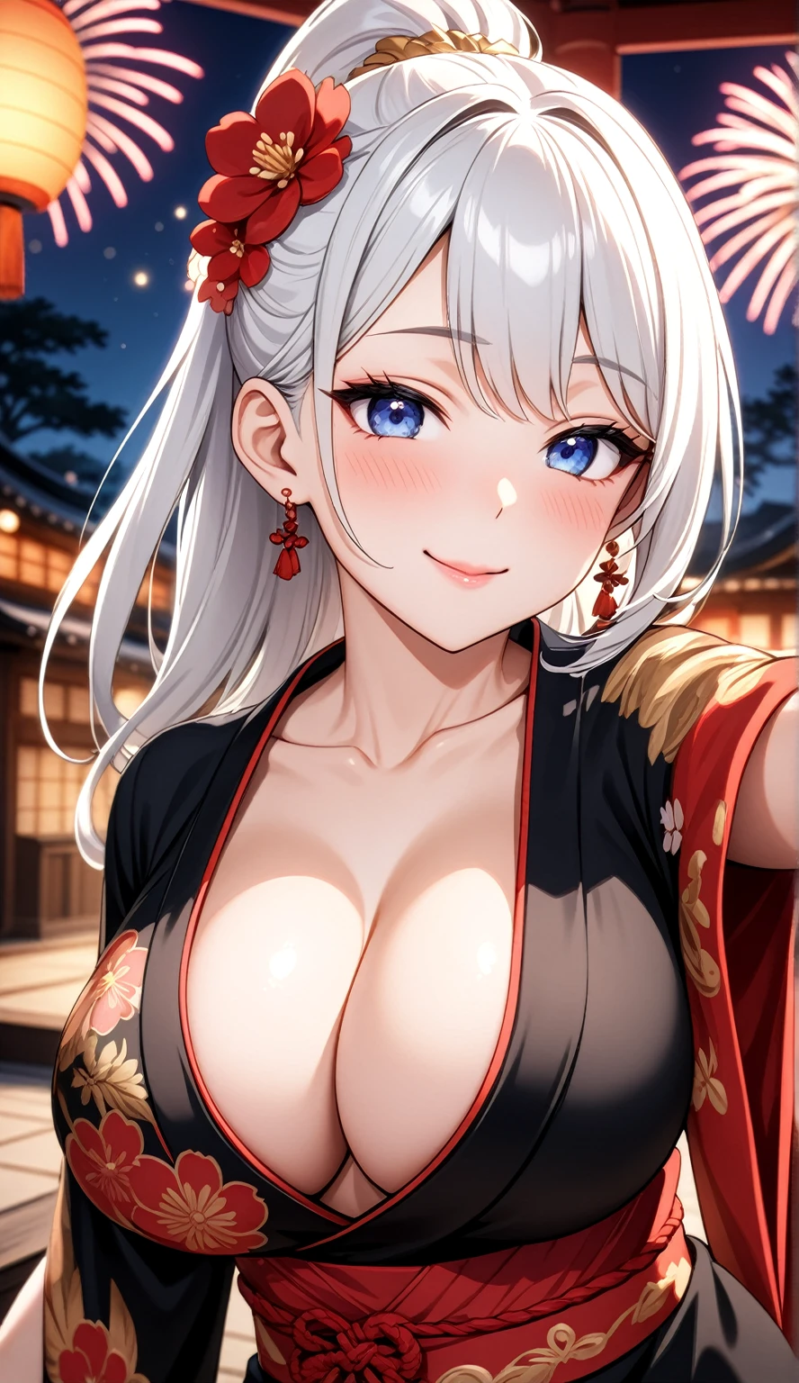 ((one personの女性)), Beautiful Face,Laugh shyly,((Wink:1.7)),Laughing with your mouth open,turn bright red,Glossy pink lips,night,Japanese-style room of the shrine,firework,((Anime style background)),masterpiece, highest quality, so beautiful, Latest, Complex details, (Pink long nails),AI-generated, Complex,High resolution, highest quality, super high quality,3D Images、View your viewers、3D Images,one person,Long white hair,High Ponytail,blue eyes,Anime woman posing for a photo, [[fine grain、Colorful eyes、Shining Eyes:1.15]],(Squint your eyes:1.1),a hyperRealistic , hyperRealistic , Realistic,Anime woman with long and white hair, Smooth anime CG art, A woman in a colorful kimono with gold embroidery, (Black kimono),Red floral pattern,Long flower hair ornament,Big earrings,(Big Breasts:1.1),Mature Body,expensive,Big Ass,Fine details,Tight waist,Abdominal muscles,(Face close-up:1.5),Tilt your face,Shooting from an angle,Raise one arm to shoulder level