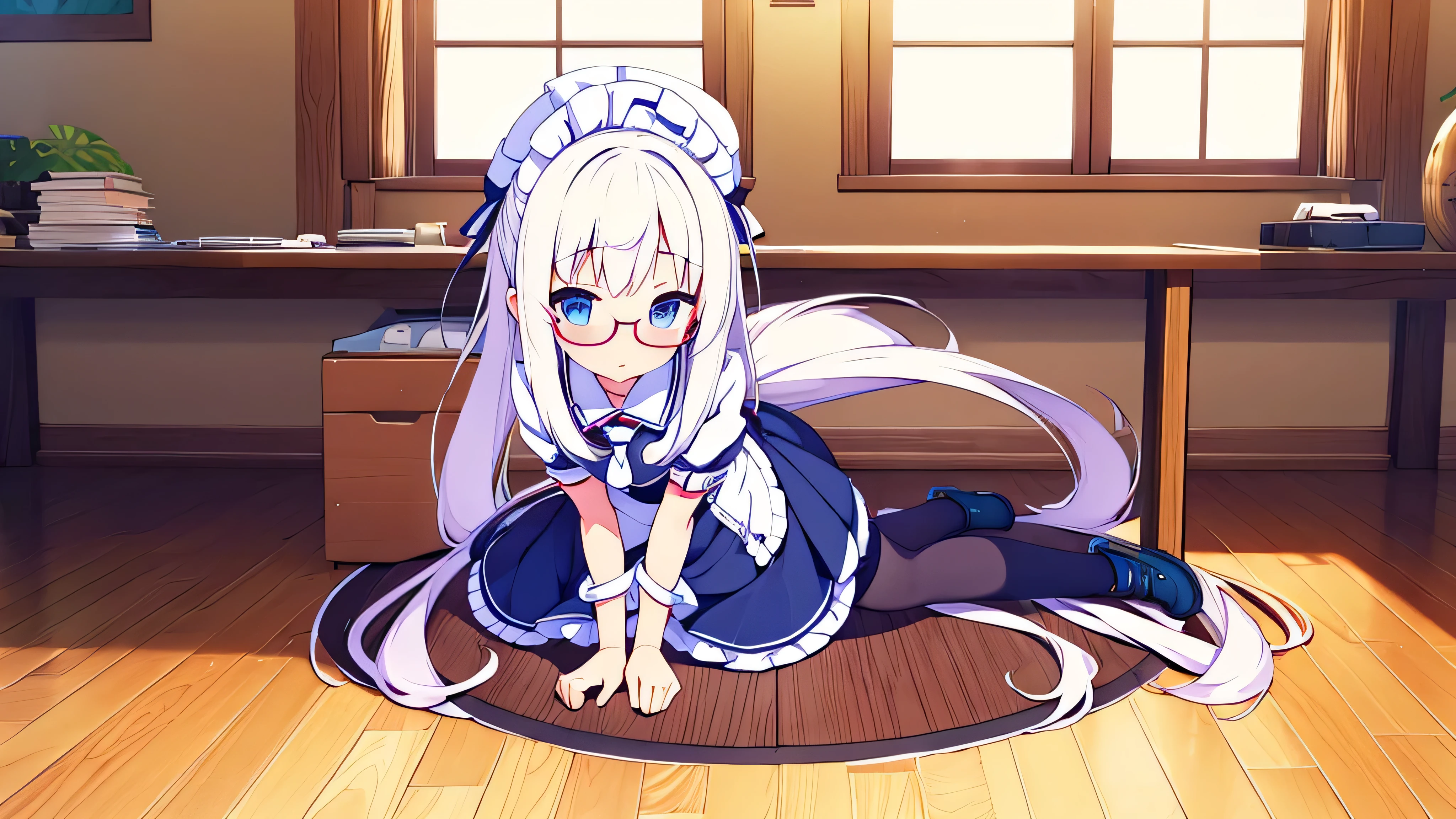 1 chica Neko maid long white hair blue eyes Glasses short skirt long stockings . In room full body prefect anatomy excellent quality 8k great quality of detail