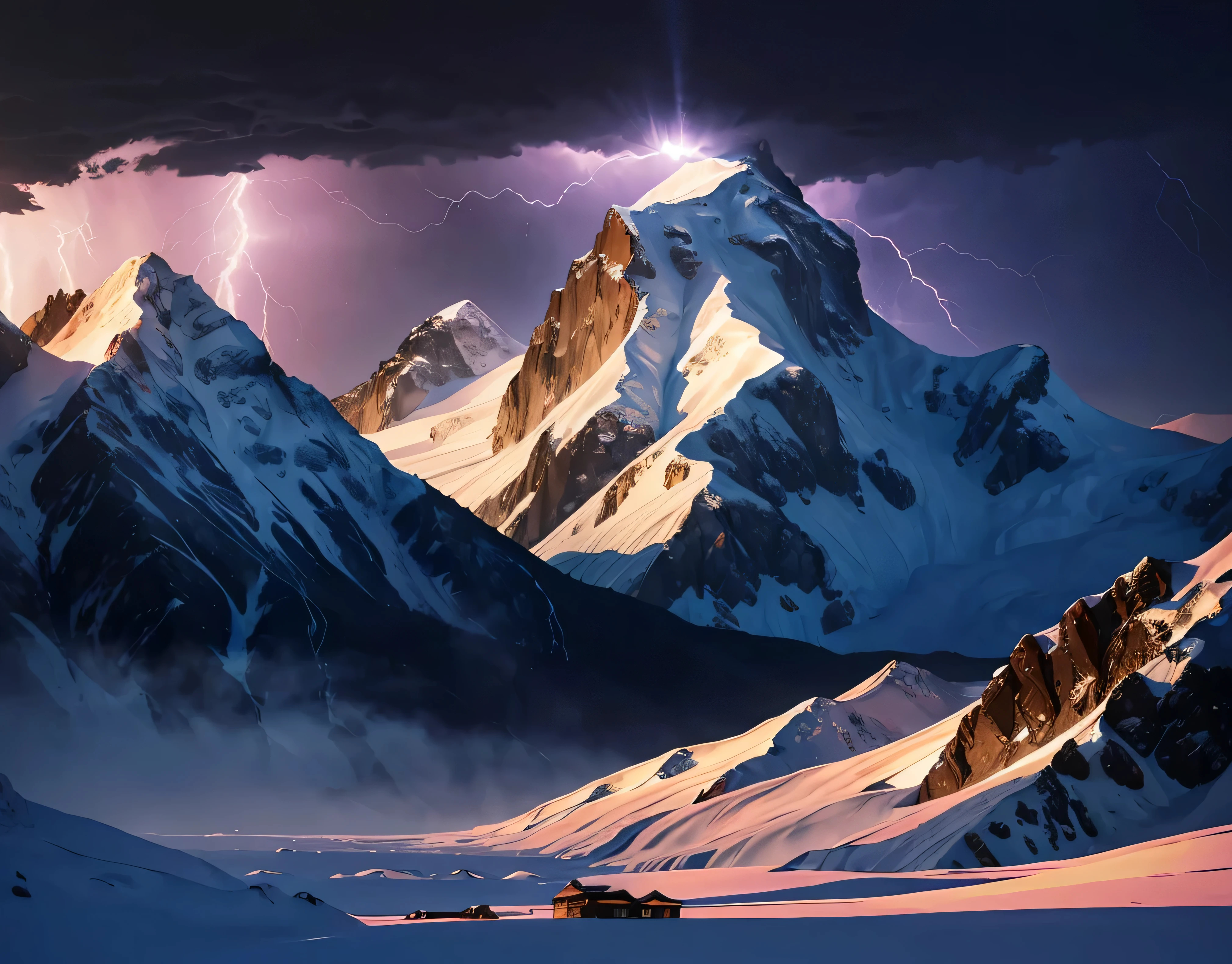 Multiple violent lightning strikes、Rugged Mountain々、The mountain was covered with snow々、(Ultra-realistic:1.2), High resolution, (Bright colors, High resolution:1.1), (Sharp focus:1.1), (Physically Based Rendering:1.1), Tyndall effect, Colorful lights, (((Severe lightning strike)), Beautiful perspective, Contrasting Shadows, moving composition, Realistic landscape, unique configuration, Soft texture, Intricate details, Mysterious atmosphere, An artistic exploration of light and shadow,A world view that will captivate all who see it、The world of nature、Altitude 3000m