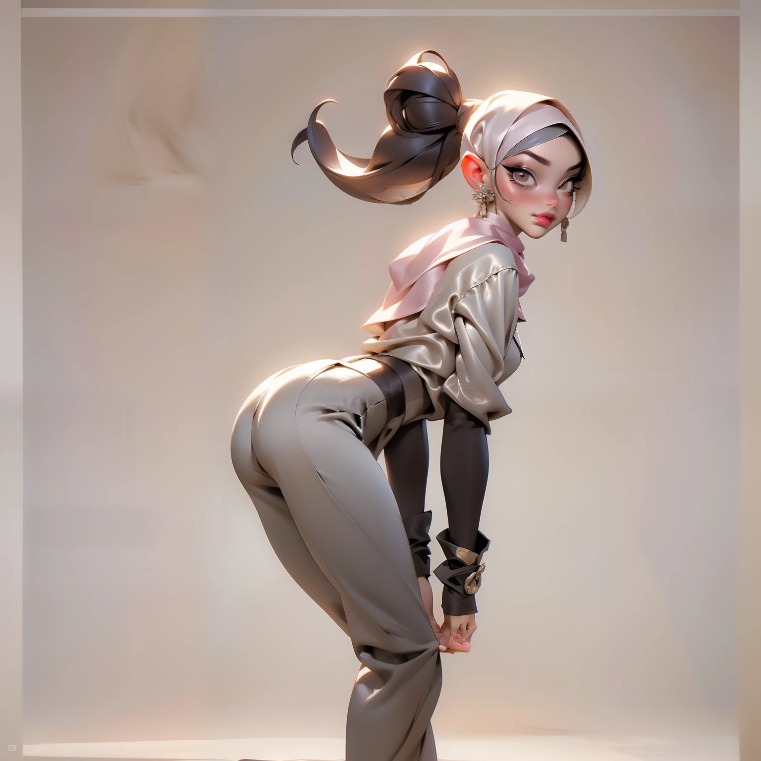 3DMM, ((Masterpiece, best quality, photography)), detailed skin, realistic, photo-realistic, 8k, highly detailed, full length frame, High detail RAW color art, diffused soft lighting, shallow depth of field, sharp focus, hyperrealism, cinematic lighting, hijab, a woman beautifully makeup, bold eyeshadow, beautiful big eyes, Brown eyes, long eye lashes, chubby, wearing ((beige satin hijab), ((gray satin shirt)), ((satin long trousers)), standing, under tree, sakura garden