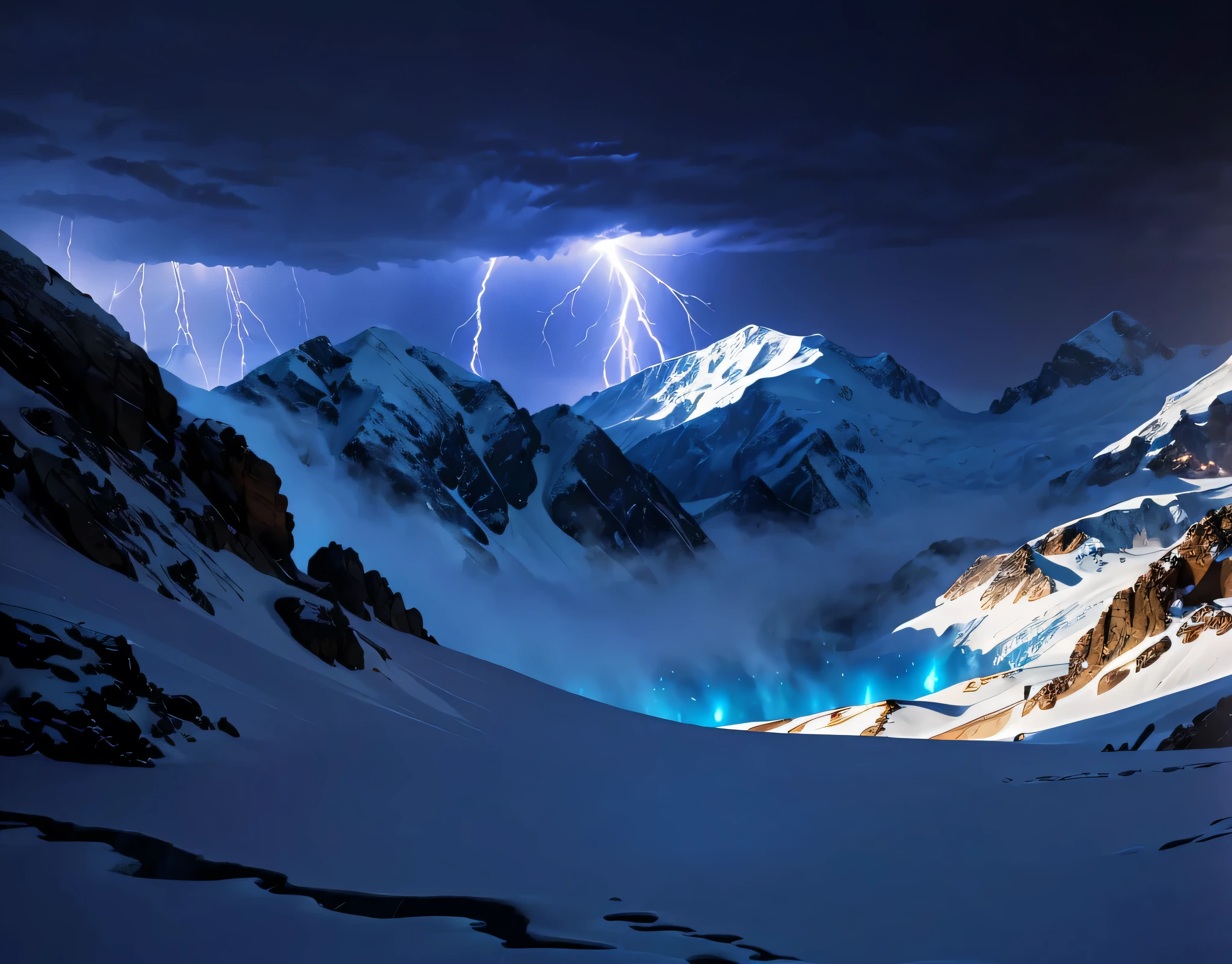 Multiple violent lightning strikes、Rugged Mountain々、The mountain was covered with snow々、(Ultra-realistic:1.2), High resolution, (Bright colors, High resolution:1.1), (Sharp focus:1.1), (Physically Based Rendering:1.1), Tyndall effect, Colorful lights, (((Severe lightning strike)), Beautiful perspective, Contrasting Shadows, moving composition, Realistic landscape, unique configuration, Soft texture, Intricate details, Mysterious atmosphere, An artistic exploration of light and shadow,A world view that will captivate all who see it、The world of nature、Altitude 3000m