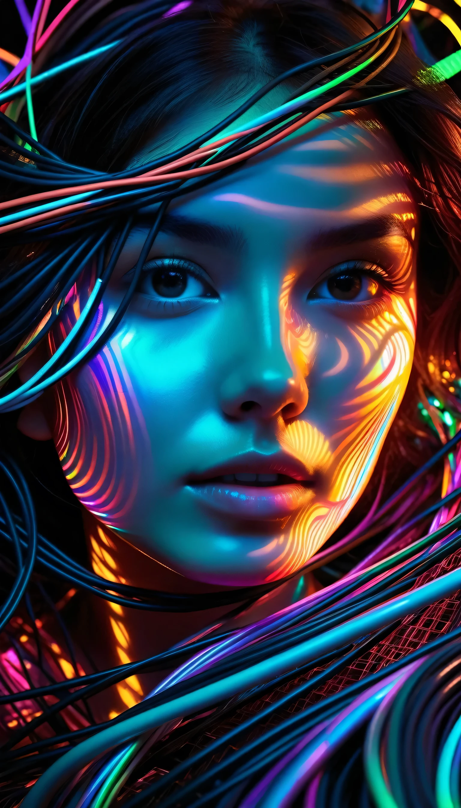 Abstract style mysterious figure emerges from the shadows in a tangled mess of iridescent wires and glowing mesh, color splash 1girl, extreme close-up, face hidden behind layers of glitched wavy distortions, Non-representational, colors and shapes, expression of feelings, imaginative, highly detailed