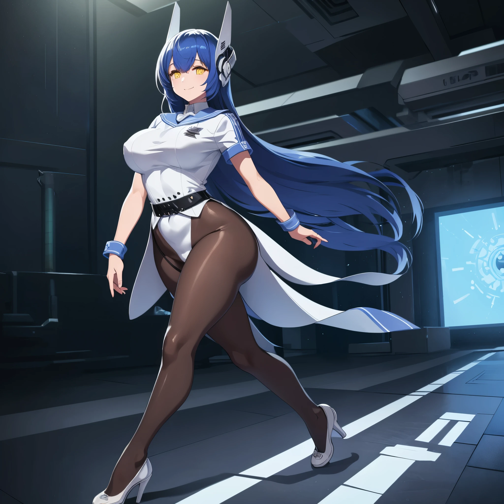 A woman with navy blue hair, yellow eyes, long white t-shirt, blue details on the t-shirt, brown tights, women's black shoes, large breasts, futuristic silver tiara on her head, walking on a futuristic shaped board, white marble floor, smiling.shadow, flower, UHD, masterpiece, accurate, anatomically correct, textured skin, super detail, high quality, best quality, 8k, high resolution, bokeh effect. (woman alone)
