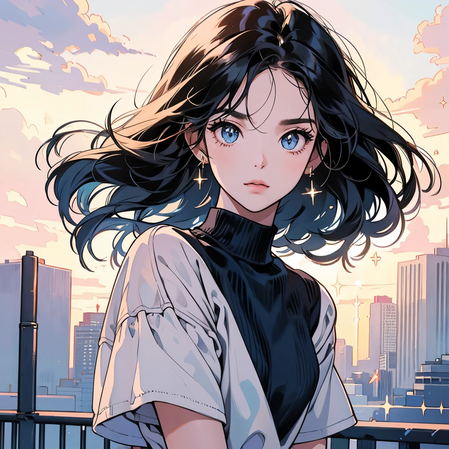 Upper Body、woman1people、highest quality、8K、The wind is blowing、Short sleeve sweater、Sunset、City of the Future、skyscraper、electric wire、pedestrian crossing、logo、line、station、(((Sparkling Eyes)))、(((Strong gaze)))、Black Hair、Hair Length Medium、Detailed Hair、Complex background、Detailed、Faint lighting、Backlight、dim、Clouds in the sky、front