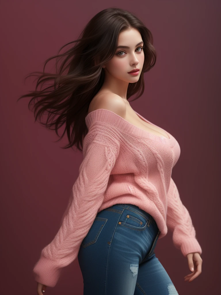 beautiful American girl wearing a v neck ((pink)) sweater, red long messy hair, cleavage, tight fit pink sweater, tight fit jeans, (((masterpiece))), ((best quality)), ((intricate detailed)), ((Hyper realistic)), absurd res,, young woman, perspective, highly detailed, illustration, large breasts, perfect hands, detailed fingers, beautiful detailed eyes, brown eyes,(hand in pocket:1.2), tight jeans, simple pink background, perfect eyes, seductive eyes, looking at the viewer,(half body image from head to thigh:1.5),(viewed from side:1.5)