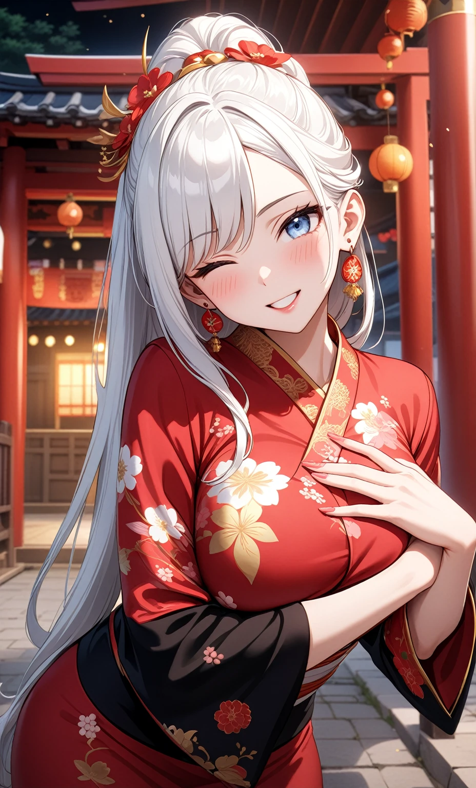((one personの女性)), Beautiful Face,Laugh shyly,((Wink:1.7)),Laughing with your mouth open,turn bright red,Glossy pink lips,night,Shrine festival sexpensives,((Anime style background)),masterpiece, highest quality, so beautiful, Latest, Complex details, (Pink long nails),AI-generated, Complex,High resolution, highest quality, super high quality,3D Images、View your viewers、3D Images,one person,Long white hair,High Ponytail,blue eyes,Anime woman posing for a photo, [[fine grain、Colorful eyes、Shining Eyes:1.15]],(Squint your eyes:1.1),a hyperRealistic , hyperRealistic , Realistic,Anime woman with long and white hair, Smooth anime CG art, A woman in a colorful kimono with gold embroidery, (Black kimono),Red floral pattern,Long flower hair ornament,Big earrings,(Big Breasts:1.1),Mature Body,expensive,Big Ass,Fine details,Tight waist,Abdominal muscles,(Face close-up:1.5),Tilt your face,Shooting from an angle,Hold your chest with both arms,Leaning forward
