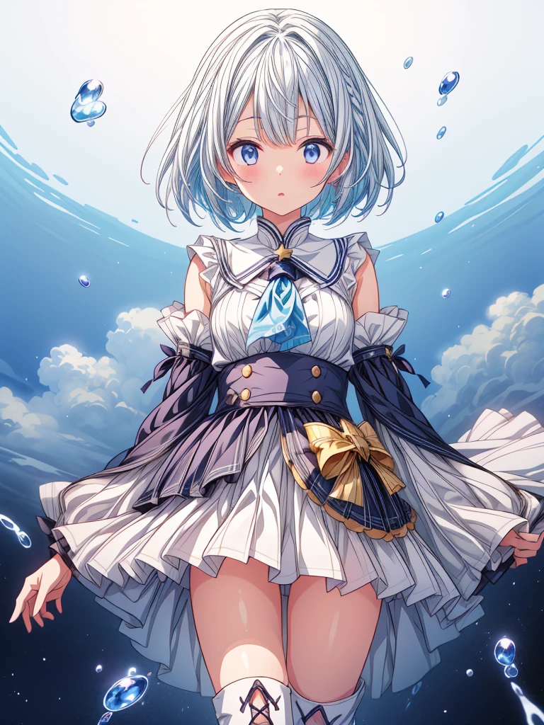 (((1girl)))、starの妖精、vtuber-fullbody、(((highest quality、Masterpiece、The best composition、Golden Ratio、Official Art、Super detailed、Super detailedな目)))、ultra detailed, from front, headshot、 blue and white hair color、Short bangs above eyebrows、Short Hair、Standing in front of the viewer、着物とゴスロリをリメイクしたMilky Way柄の洋服で濃紺と水色を基調にした色、The sleeves are long and the hands are hidden、Knee-high boots、Pure white simple background、star、Milky Way、universe、流star群、