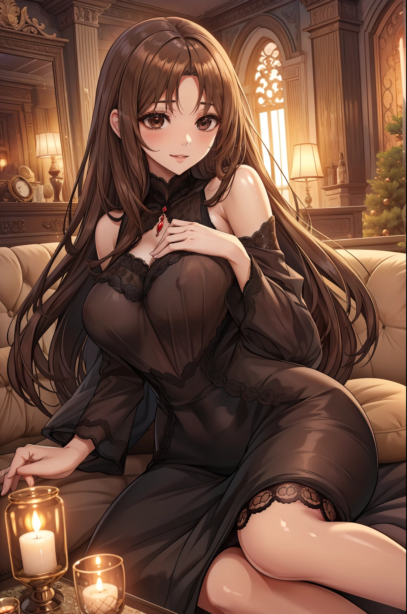"A romantic scene with Mali and Um sitting on a cozy sofa in the living room. Mali is wearing a seductive, elegant dress, perhaps in a deep red or black, with a form-fitting design and a bit of lace. Her shoulder-length hair falls softly around her face, and her light brown eyes gaze at Um with a loving and alluring smile. She leans in closely, her lips just inches from Um's, creating a moment of intense intimacy. The background is cozy and warm, reflecting the passion and love between them. Anime style."